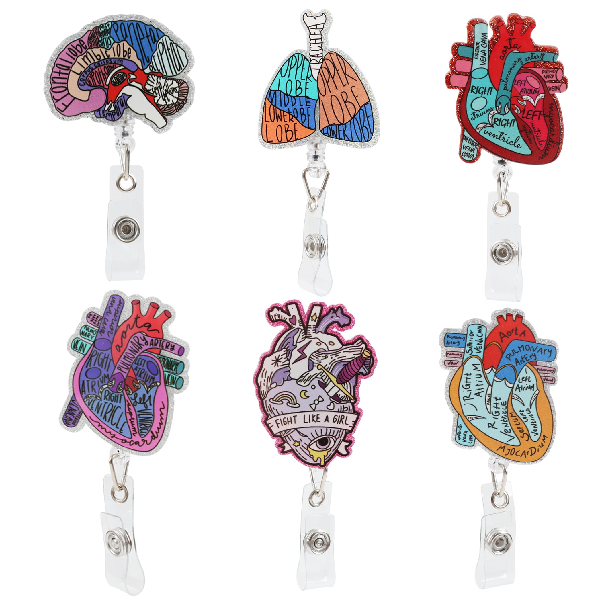 6Pcs Heart Brain Lung Badge Holders, Retractable Badge Reel with ID Card Clip, Nurse Badge Accessories, Medical Assistant Badge