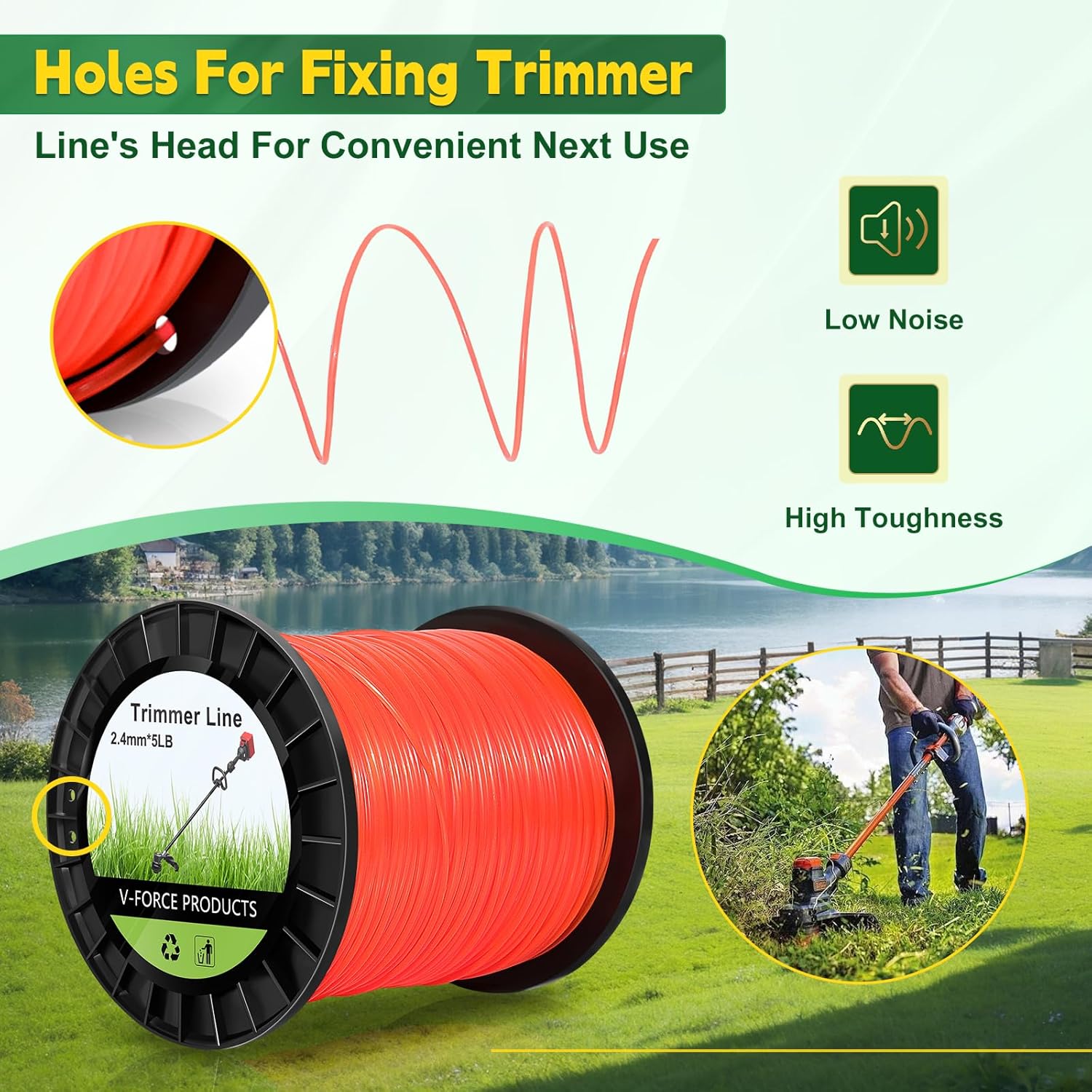 UCINNOVATE 5 Pound by 1420ft Weed Wacker String, 2.4 mm / 0.095 Inch Trimmer Line in Spool, Round 095 Trimmer Line Heavy Duty, 5Lb Round Weedeater Line for String Trimmer, Mower (Orange)