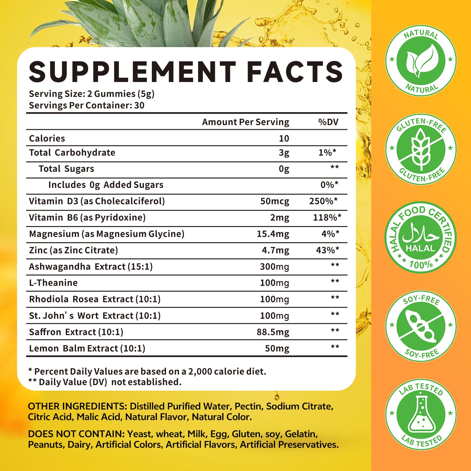 10-IN-1 Saffron Gummies, Sugar Free Saffron Supplements with Ashwagandha, L-Theanine, Rhodiola Rosea, Vitamin D3, B6, Magnesium & Zinc for Mood, Energy, Focus Support, Pineapple Flavor, 60 Count — Amazon image 2