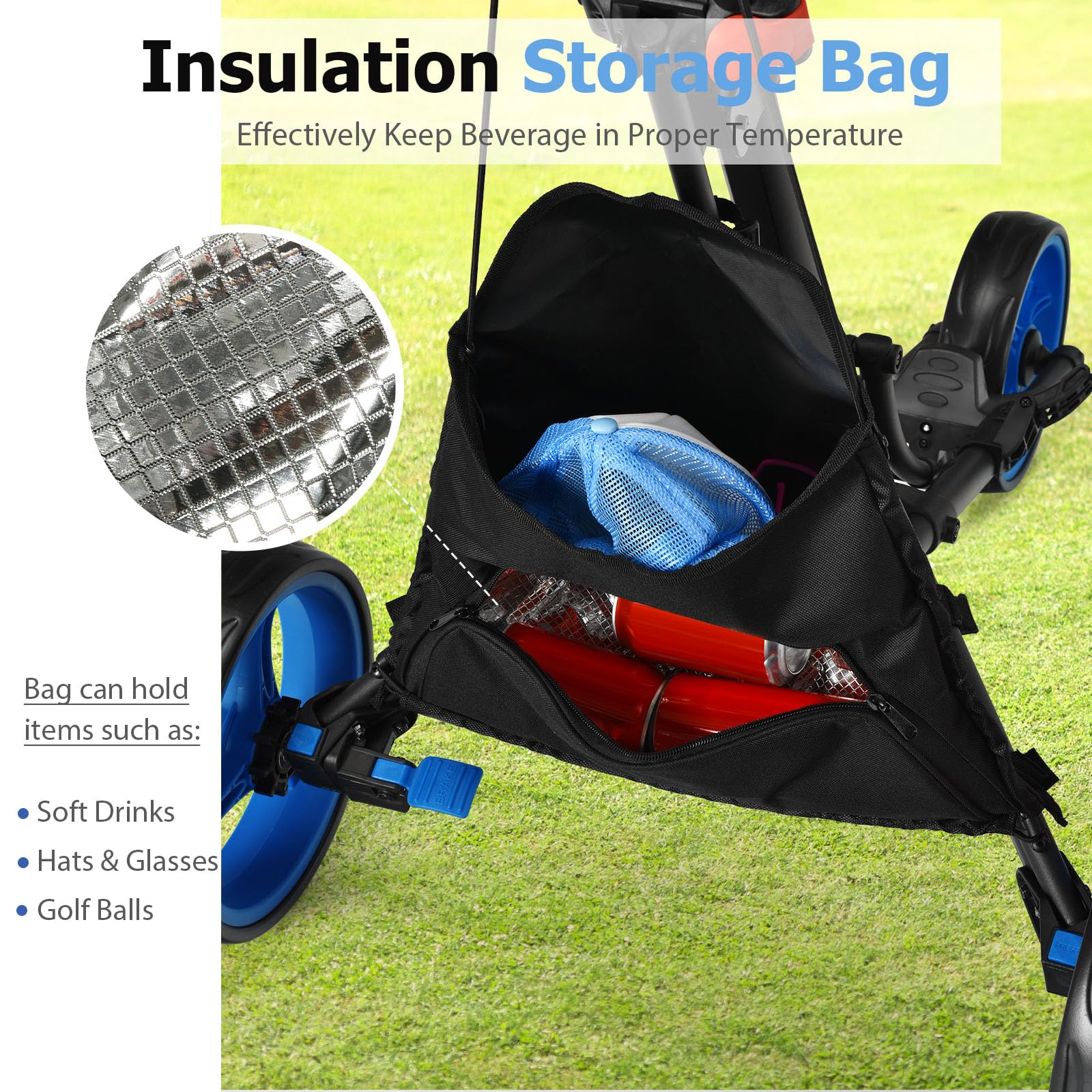 LIFEZEAL Faltbar Golftrolley, 3 Rad Golf Push Cart mit Fußbremse, Golfwagen mit 3 höhenverstellbare Positionen, Golfcaddy klappbar mit Schirmhalter, Flaschenhalter & Tasche