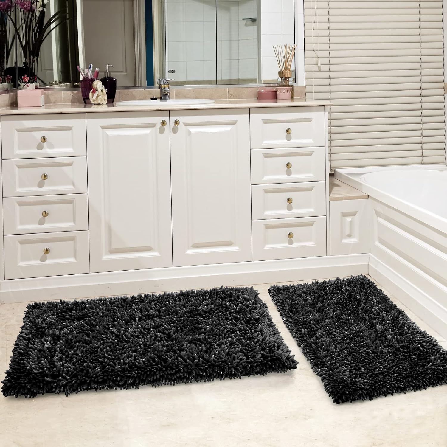 Yimobra Bathroom Rug Set 2 Piece, Luxury Shaggy Bath Mat Set with Non Slip Backing, Ultra Soft & Absorbent Mats for Bathroom Floor, Machine Washable, 44"x24"+24"x17", Black - Image 9