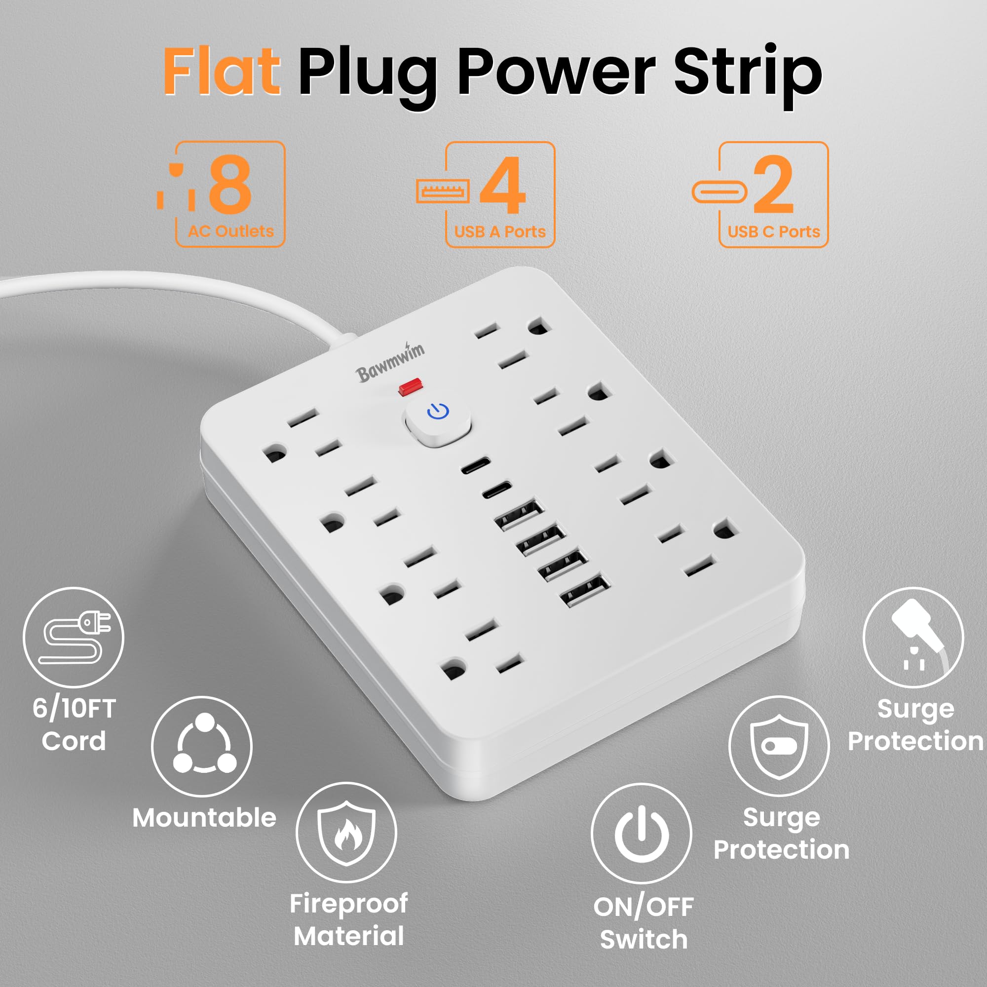 Steckdosenleiste mit Überspannungsschutz - 8 Ausgänge (1250W/10A) 4 USB A (2 USB C, 3.0 m Flachstecker Verlängerungskabel, Multi-Stecker-Extender für