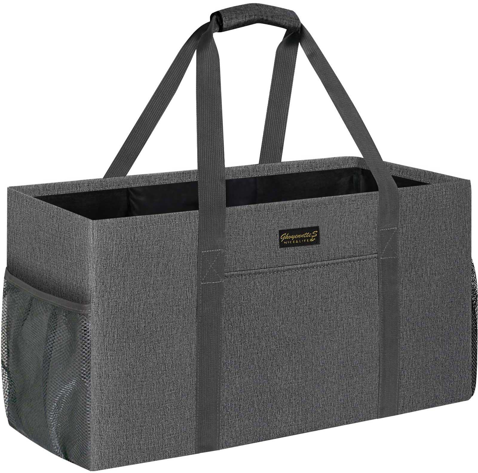 GhvyenntteS Extra Large Utility Tote Bag, Stand Up Utility Tote with Metal Wire Frame & Hard Bottom Board, Reusable Grocery Bags With Handles, Extra Large Beach Bag, Collapsible Car Tote