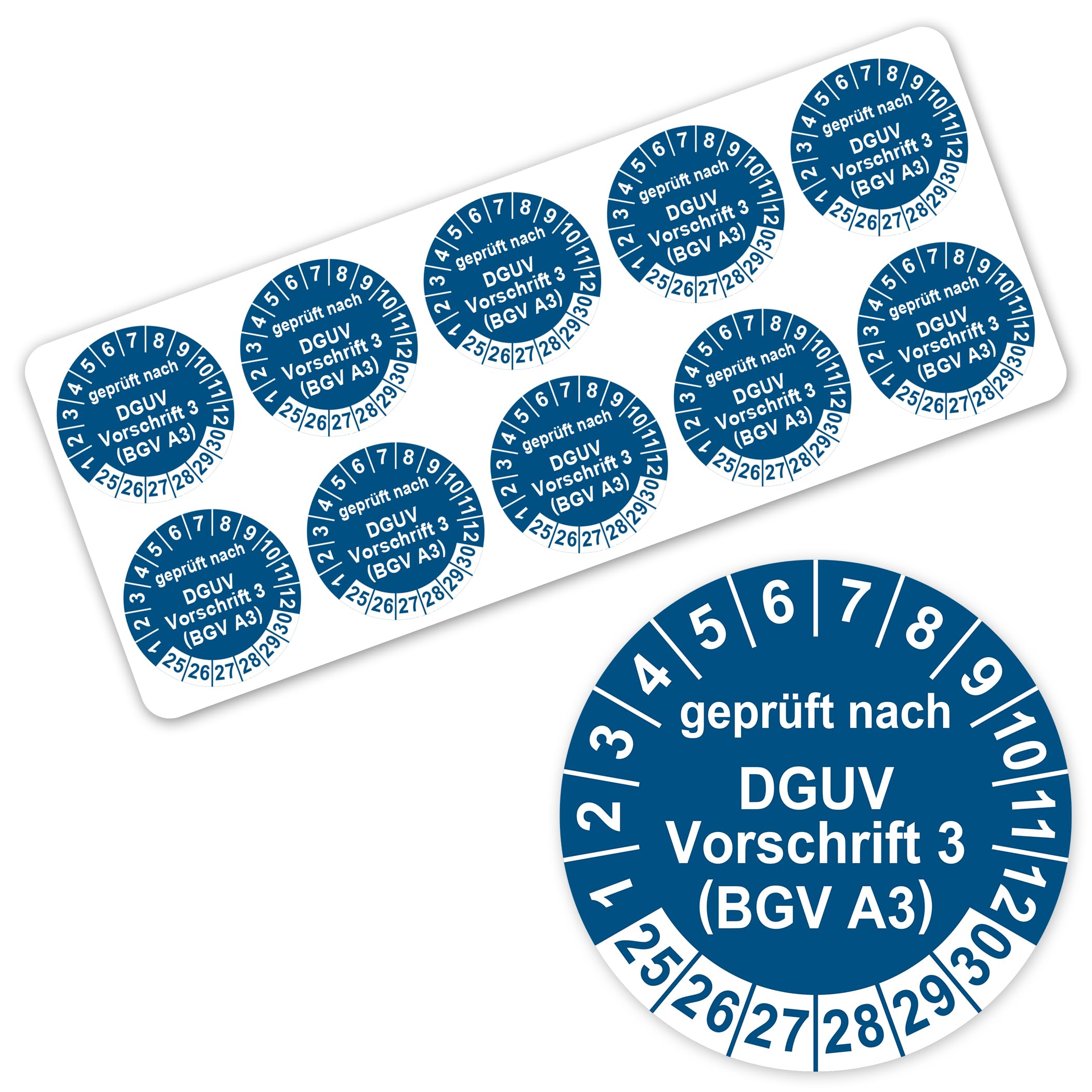 Prüfplaketten geprüft nach DGUV Vorschrift 3 BGV A3 Prüfaufkleber 2025-2030 Aufkleber Prüfetiketten Vinyl Plaketten Folie selbstklebend wasserfest LTA011 (100, Blau, ø20mm)