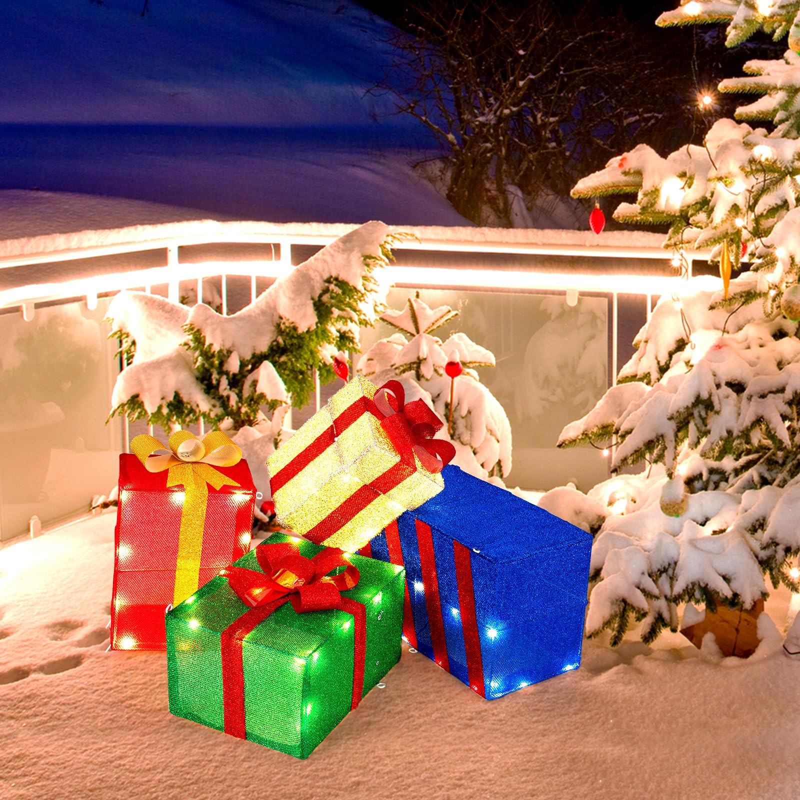 GYMAX Set di 4 Scatole Regalo a LED di Natale, Pacchi Regalo Decorativi con 51 Luci LED Caldi e Fiocchi, Combinazione Flessibile, Decorazione Natalizia Luminosa per Soggiorno, Giardino e Balcone