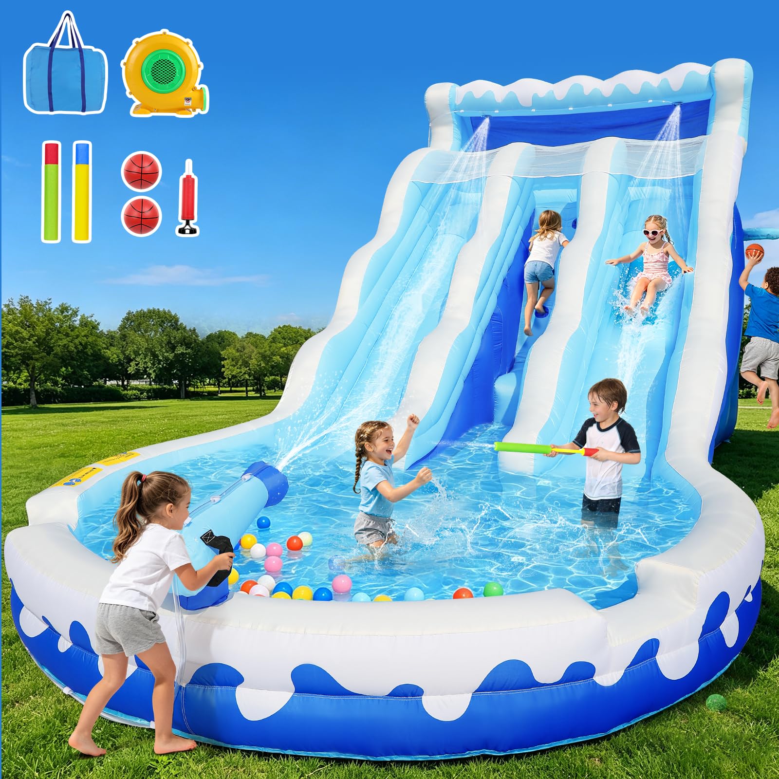 Photo 1 of GYMMALL Inflatable Water Slide Bounce House, Dual Slides Water Park with Climbing Wall, Water Cannon & Basketball Hoop for Indoor Outdoor Backyard Play