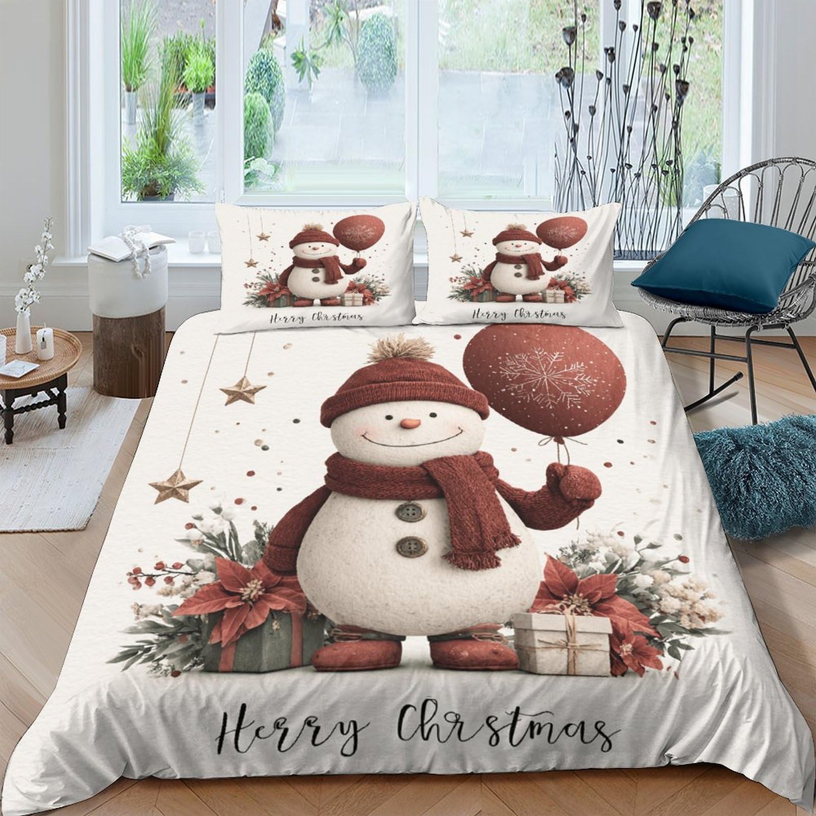 TUFRTGYHN 3D Printed Snowman Christmas Duvet Cover Microfiber Soft Breathable Festive Bedding Set with 2 Pillowcases for Bedroom Decor Single（135x200cm）