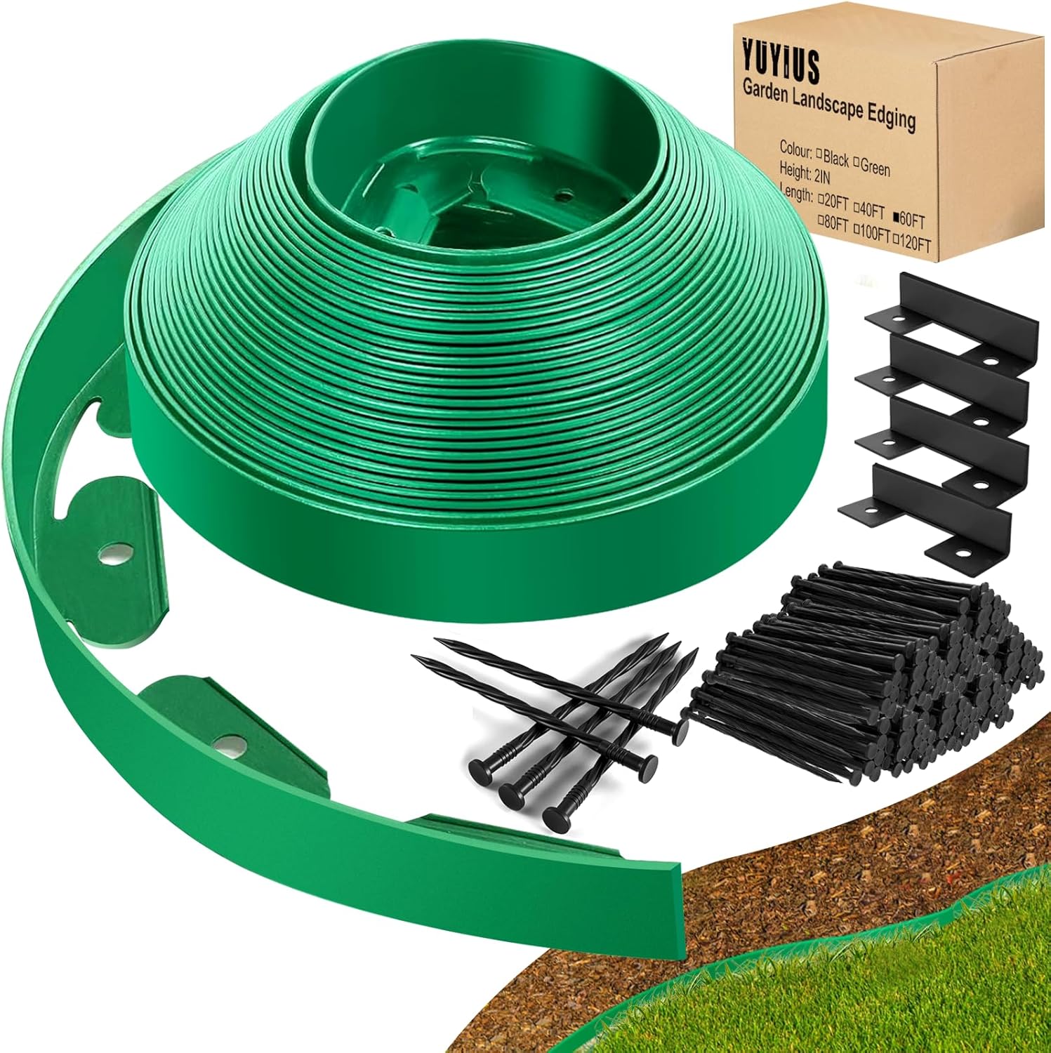 Landscape Edging - Garden Edging Border 60FT 2IN Tall with 90 Stakes, No Dig Lawn Edging for Landscaping for Garden Bed, Yard, 0.15" Thick Flower Bed Border Edging with Connector for Outdoor GREEN 2 IN X 60 FT