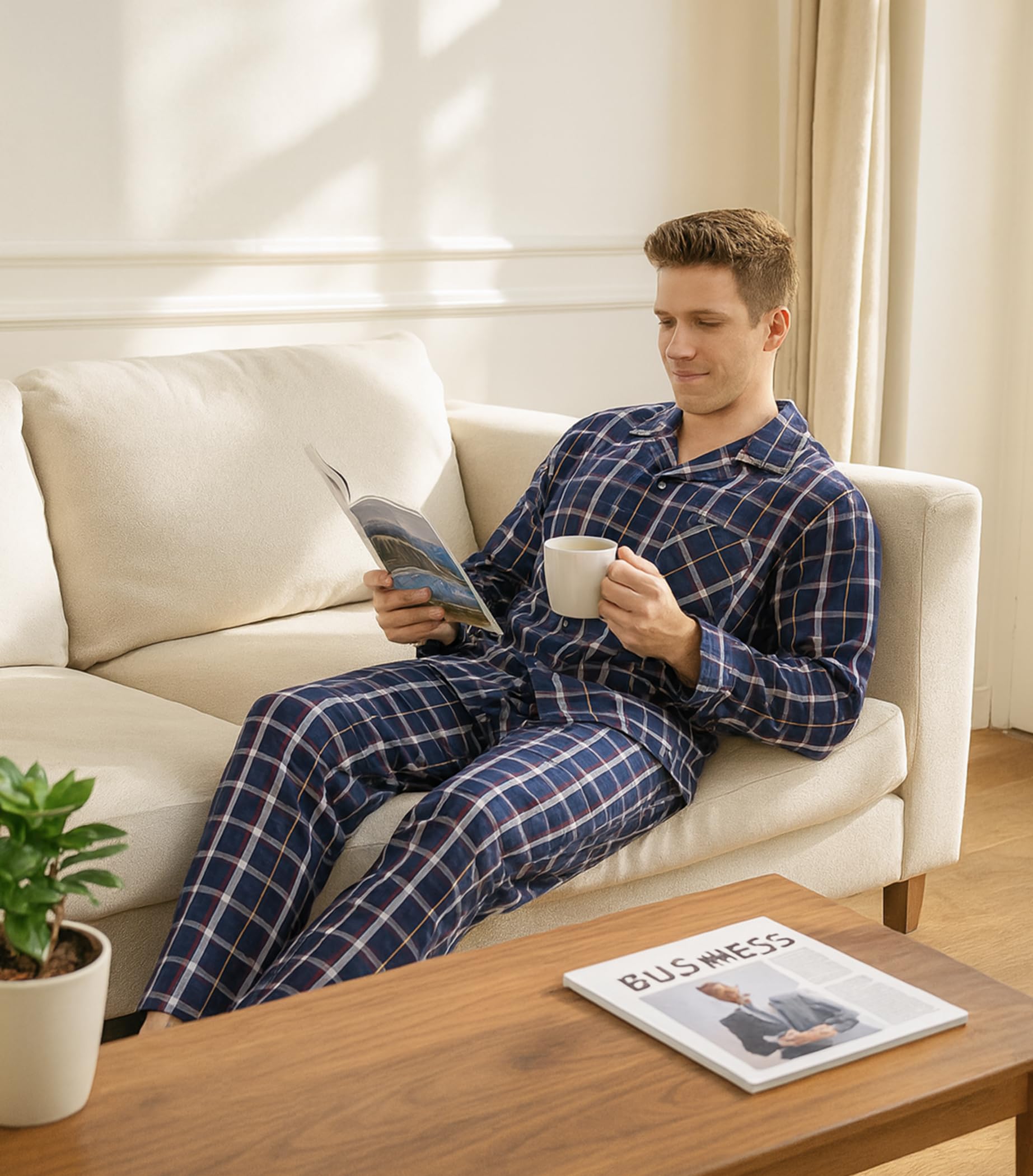 DAVID ARCHY Conjunto de Pijama de algodón para Hombre, Camiseta de algodón de Manga Larga con Pantalones Largos, Ropa de Dormir de Dos Piezas, Ropa de Dormir Suave y Transpirable, Pack de 1