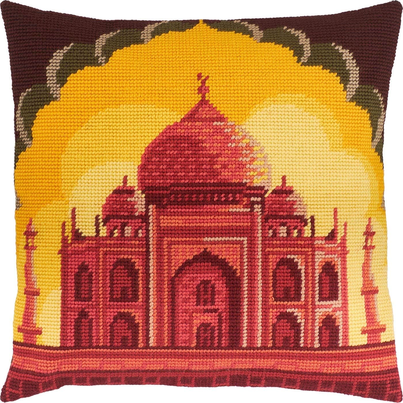 Brvsk Orient Embroidery Kit for Adults and Beginners — Taj Mahal 16″ × 16″ with Clear, Precise Printed Design on Cotton Canvas; Includes 2 Needles, Yarn, and Easy-Read Chart