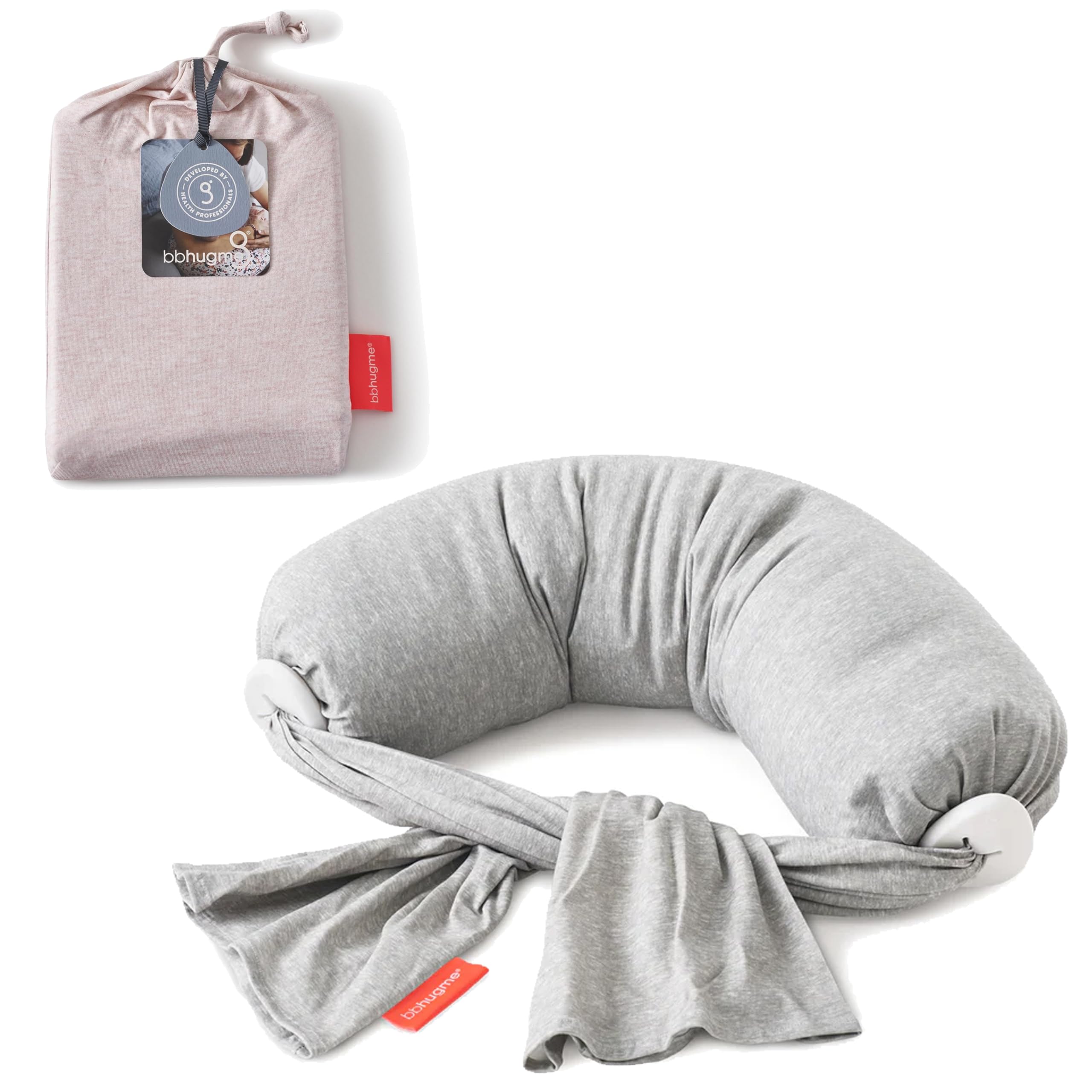 bbhugme Adjustable Nursing Pillow with Grey Melange Cover & Extra Pink Melange Cover - Breastfeeding and Baby Support