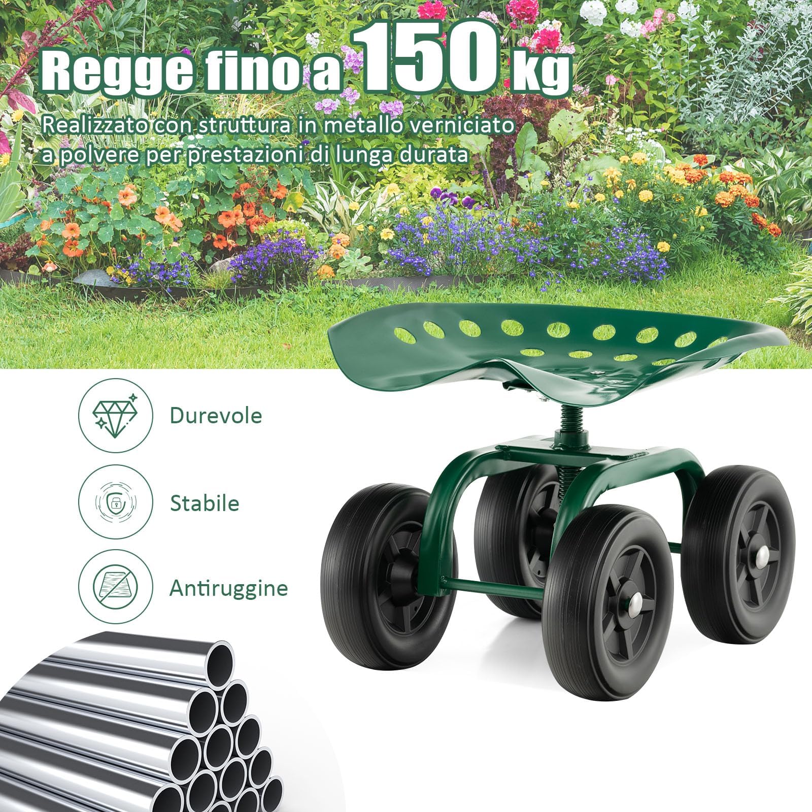RELAX4LIFE Sgabello da Giardino con Ruote, Regolabile in Altezza, Sedia da Giardinaggio in Metallo, Portata 150 kg, per Giardino, Prato e Cortile