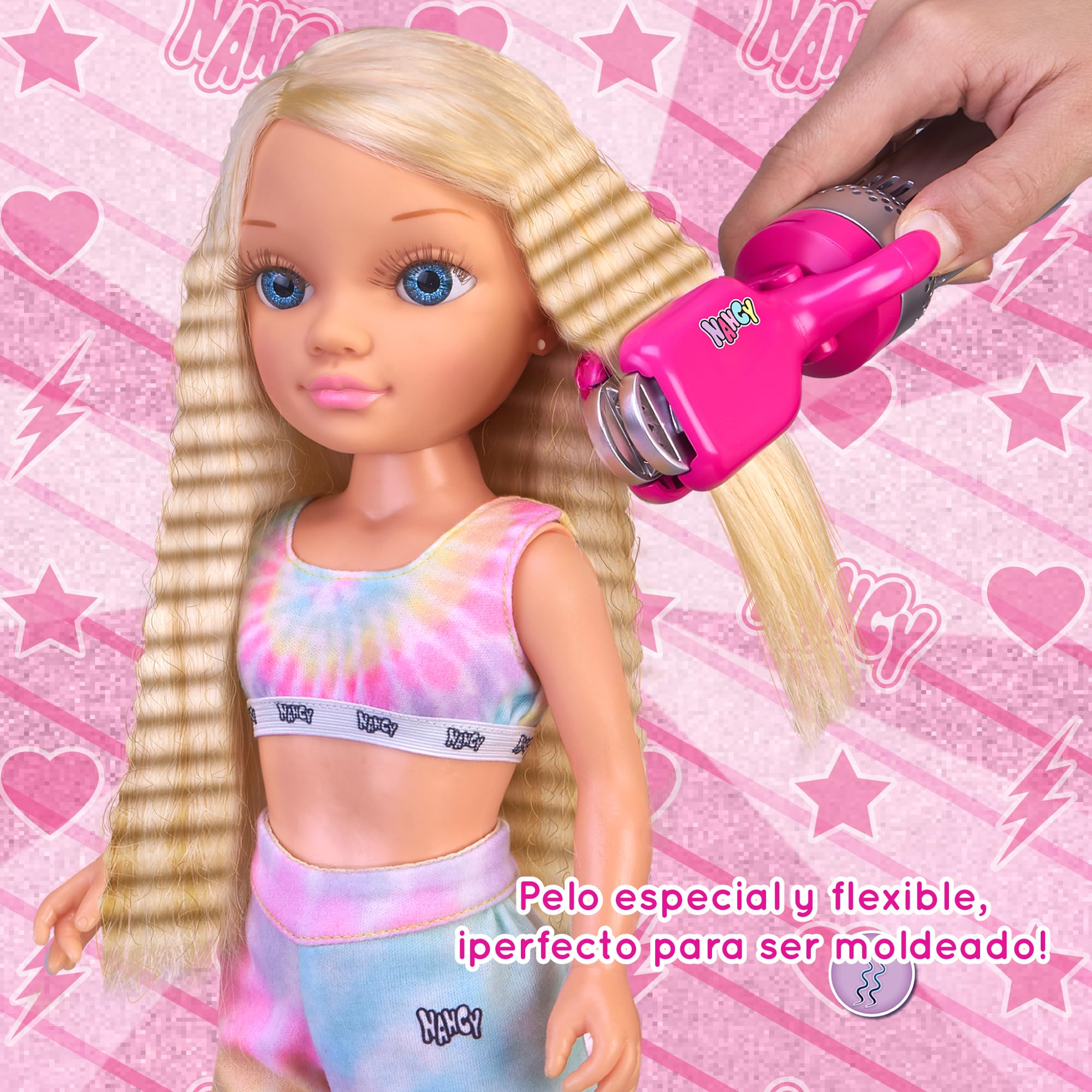 Nancy Air Styler, Muñeca con Herramienta de Belleza para Crear Peinados, Cinco Formas de Moldear el Pelo: Secar, Cepillar, Rizar, Alisar y Aplicar Formas, Cabello Flexible, +3 años, Famosa (NAC73000)