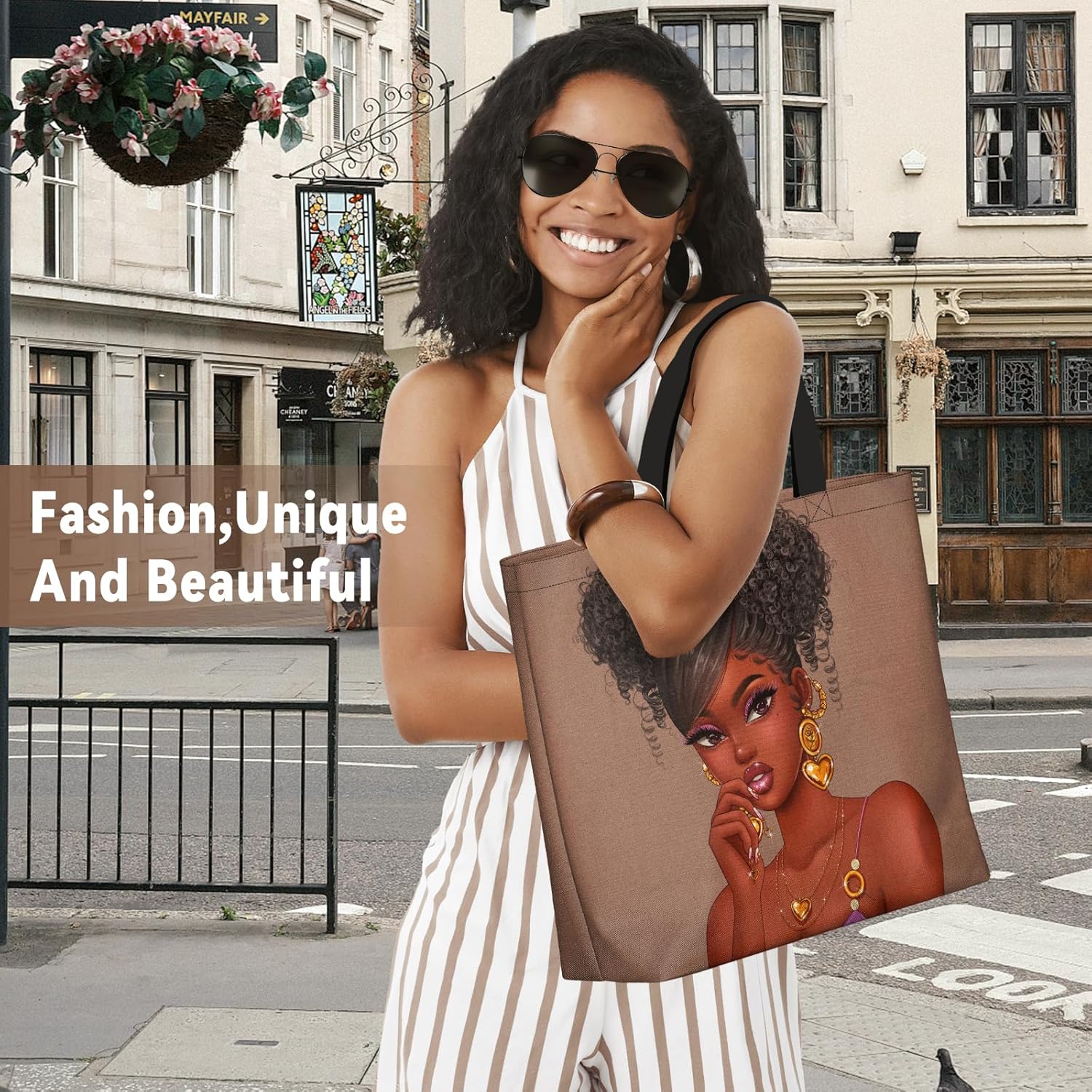 African American Women Tote Bag Black Shoulder Handbag For Women Fit Work Beach Labtops With Zip - Image 2