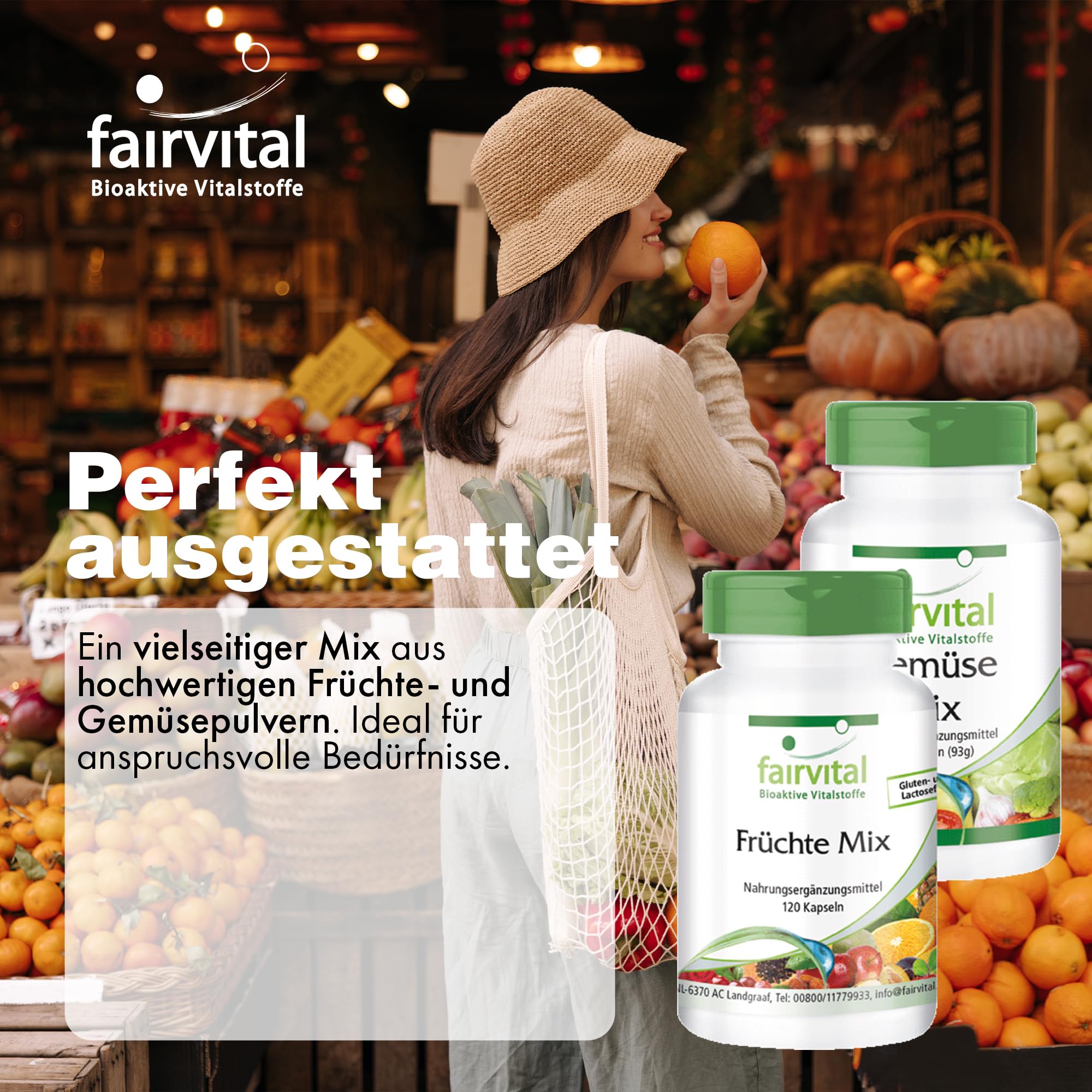 fairvital Multivitamin Kapseln aus Obst und Gemüse-Pulver, 240 Kapseln (120x2), Natürlich, hochdosiert & Vegan, mit Vitaminen & Mineralien, Früchte & Gemüse Mix