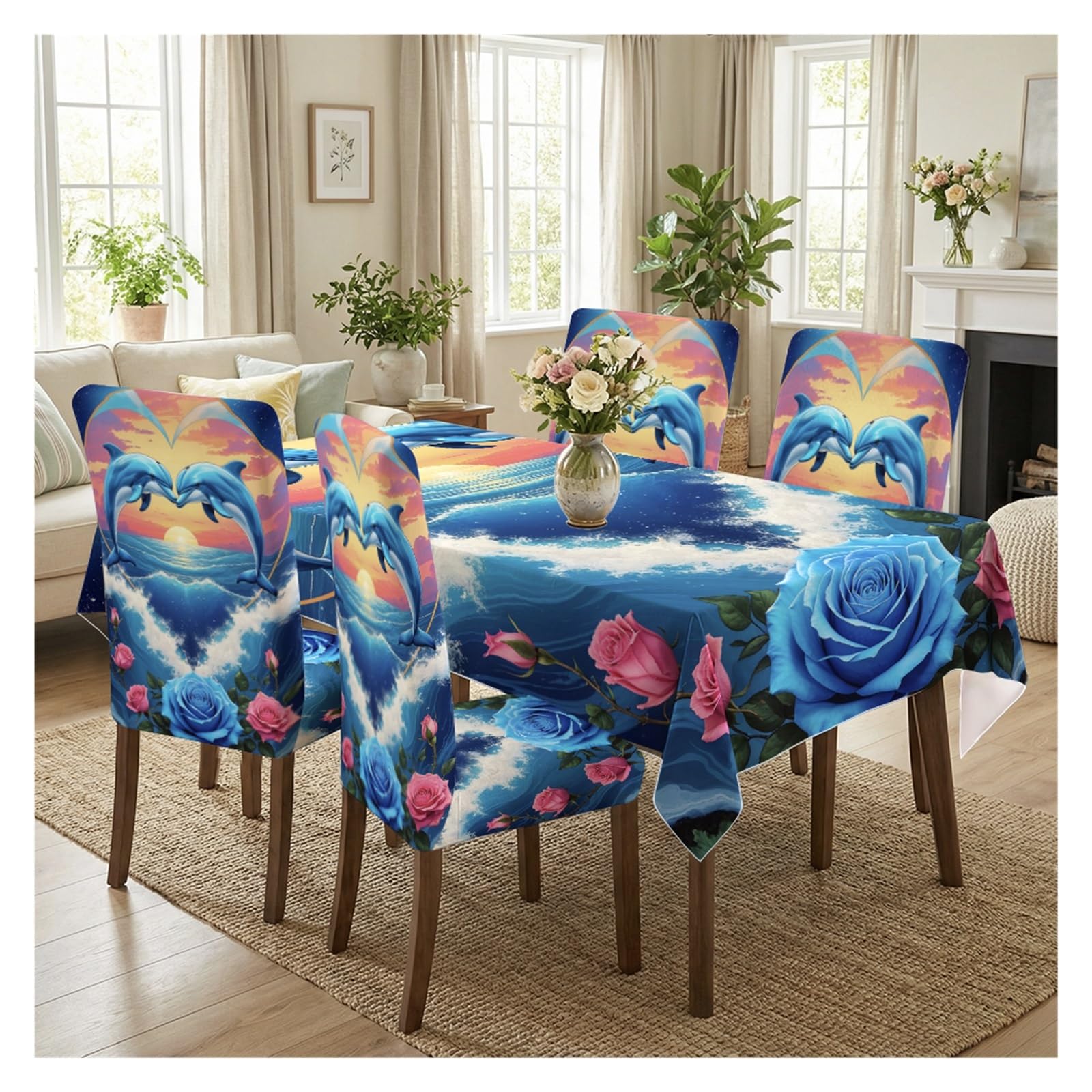 BOSUYBN Sunset Dolphin Rose Ocean Dining Tablecloth & Chair Covers Set, 5/7 Piece Romantic Coastal Beach Home Decor Table Setting(5pcs Set: Tablecloth+Chair Covers)