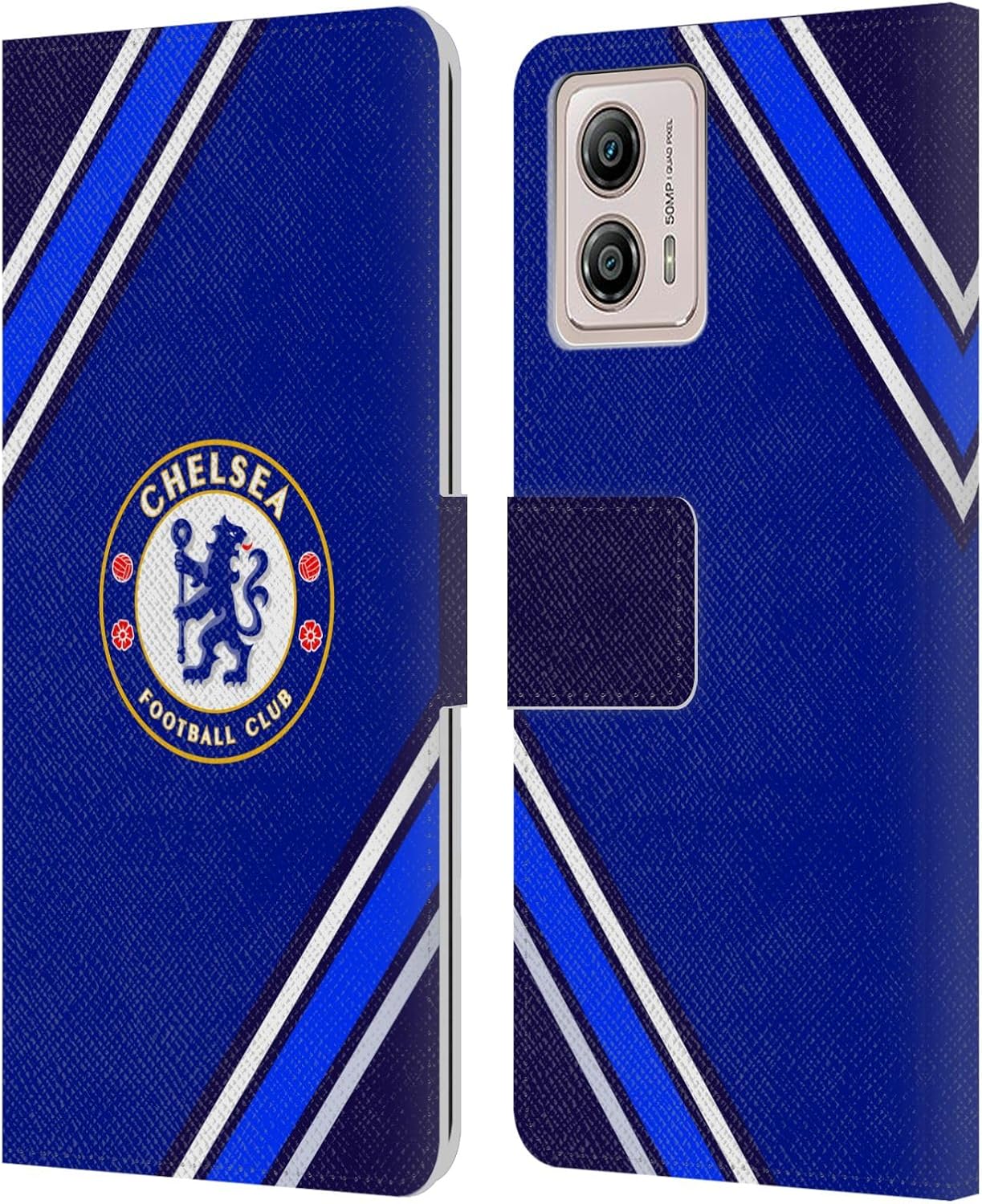 Head Case Designs Officially Licensed Chelsea Football Club Stripes Crest Leather Book Flip Case Cover Compatible with Motorola Moto G53 5G