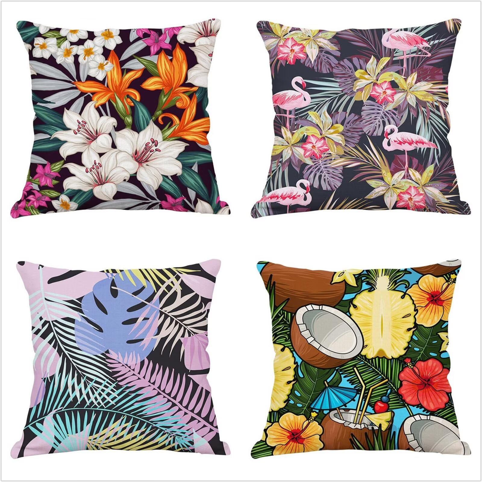 Juego de 4 Impermeable Funda de Cojín Flores de aves tropicales,65x65cm Moderno Suave Transpirables Lino Fundas de Almohada Cojines Decor con Cremallera Oculta para Exterior Sofá Cama Coche Hogar