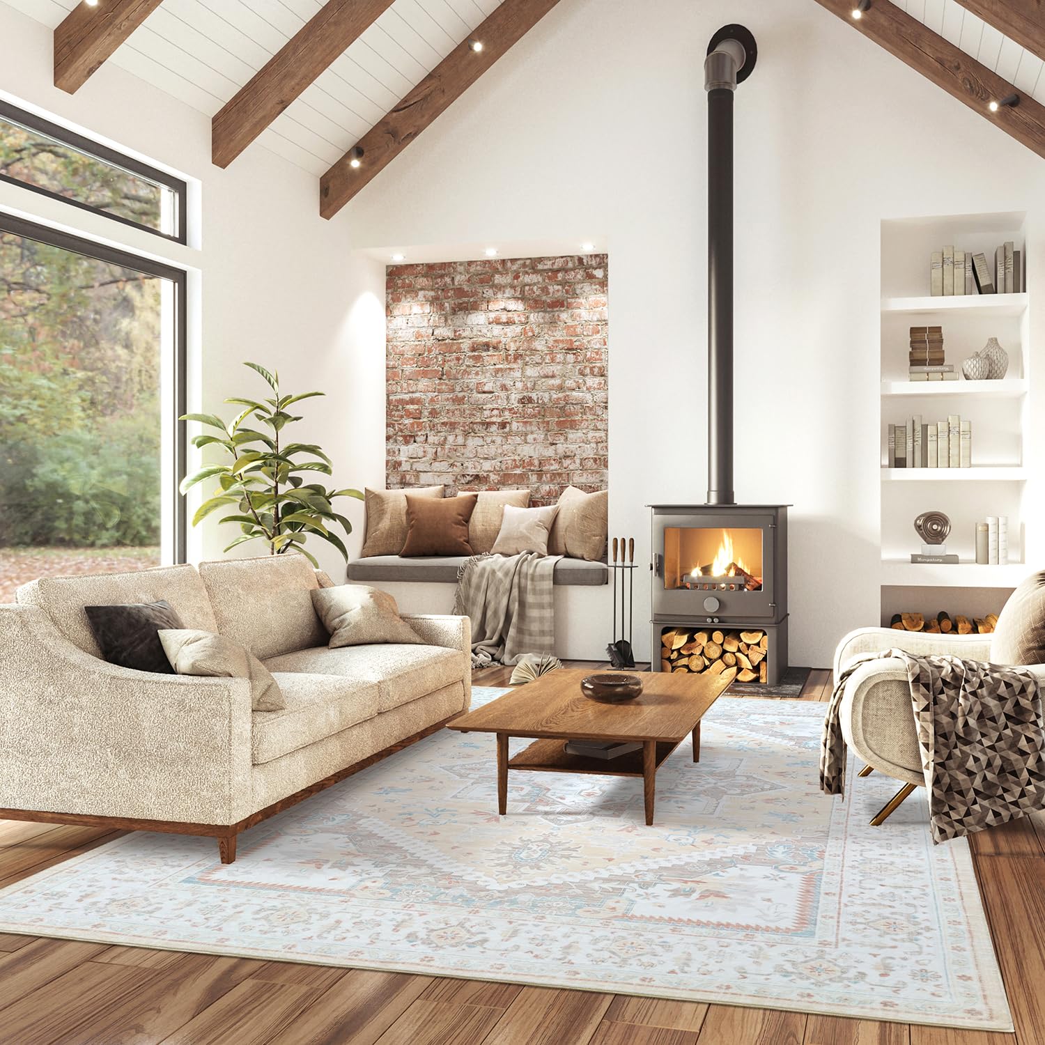 METSAVAIM 8x10 Area Rugs - Ultra Soft Boho Rug for Bedroom and Living Room – Non-Shedding Accent and Machine Washable Rug for Indoor and Outdoor Use - Beige & Ivory