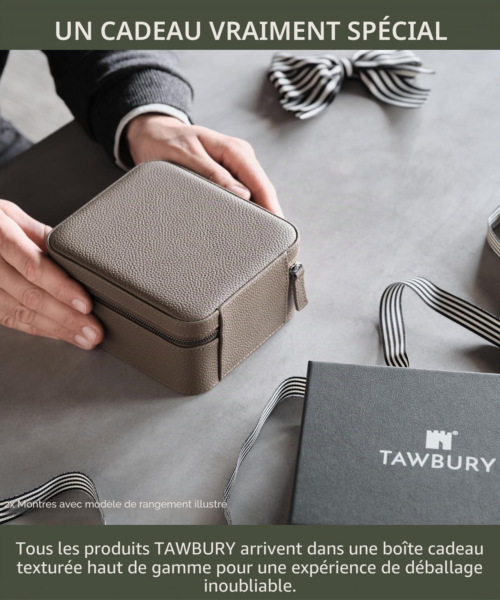 TAWBURY Boîte de rangement portable à 3 emplacements pour montres pour la maison et les voyages avec coussins extra larges pour grandes montres et compartiment pour rangement d'accessoires (taupe)