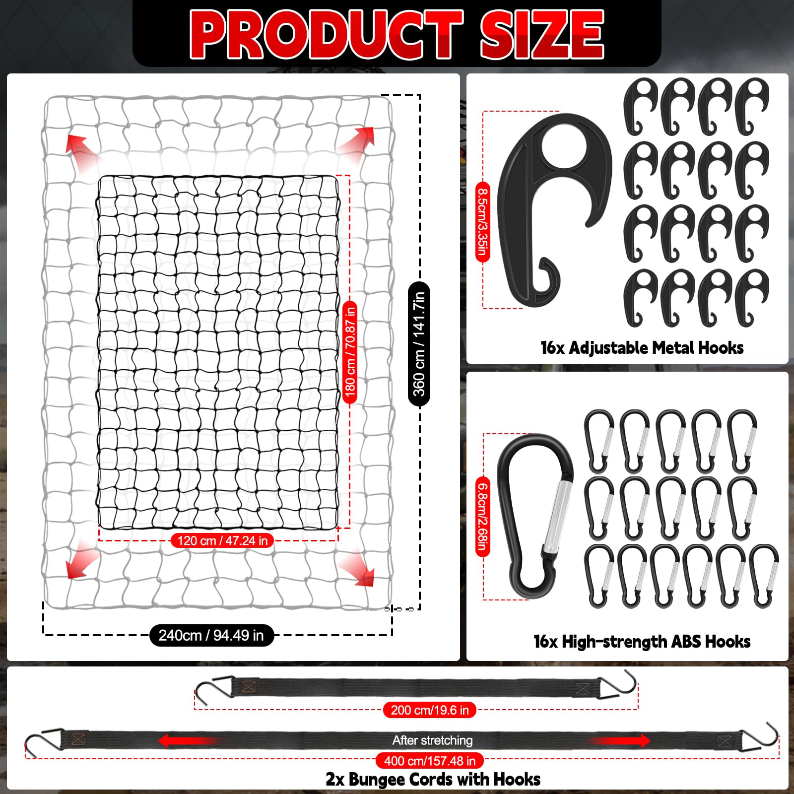 Red de equipaje de 180 x 120 cm, extensible hasta 360 x 240 cm, con 1 bolsa de almacenamiento, 2 cuerdas elásticas de carga, 16 ganchos de metal y 16 ganchos de ABS, para ATV, Suvs, camiones y