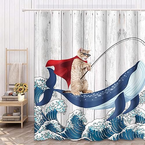 Miniatura 6 de Divertida cortina de ducha con diseño de gato con diseño de tiburón, olas azules sobre fondo de madera blanca, tela de poliéster impermeable, 72 x