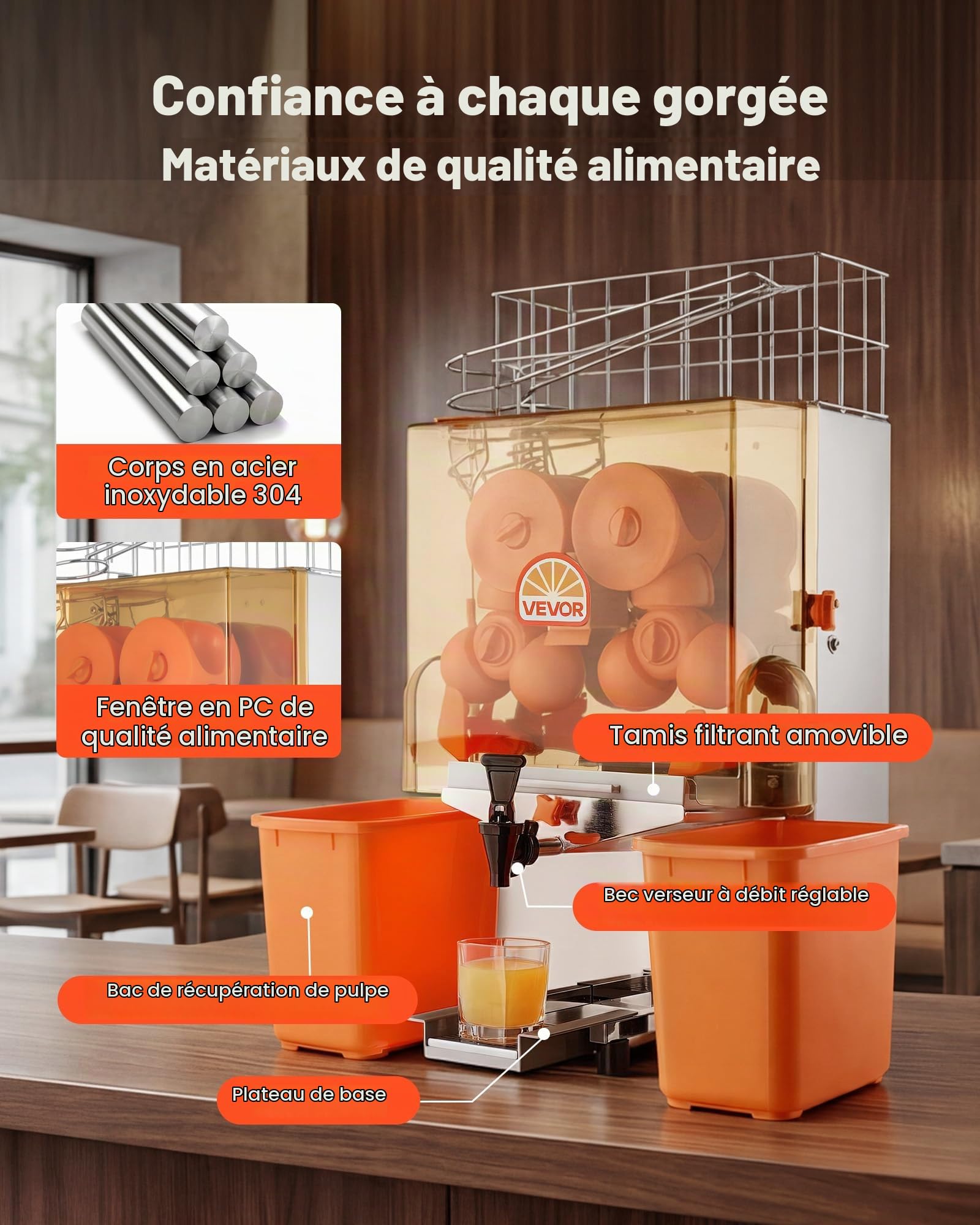 VEVOR Presse Agrumes Pro Extracteur de Jus Électrique 120 W avec Robinet, Pour Bar à Jus Restaurant Supermarché Primeur, Presse Orange Commercial, Rendement Élevé de 20 Oranges/min, Avec Bac à Écorces