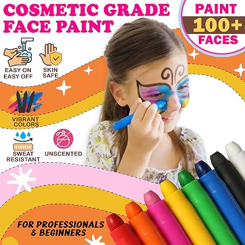 Miniatura 2 de Jim&Gloria Kit de pintura facial a base de agua con plantillas, 8 grandes kit de pintura facial profesional para fiestas de niños, pintura facial de