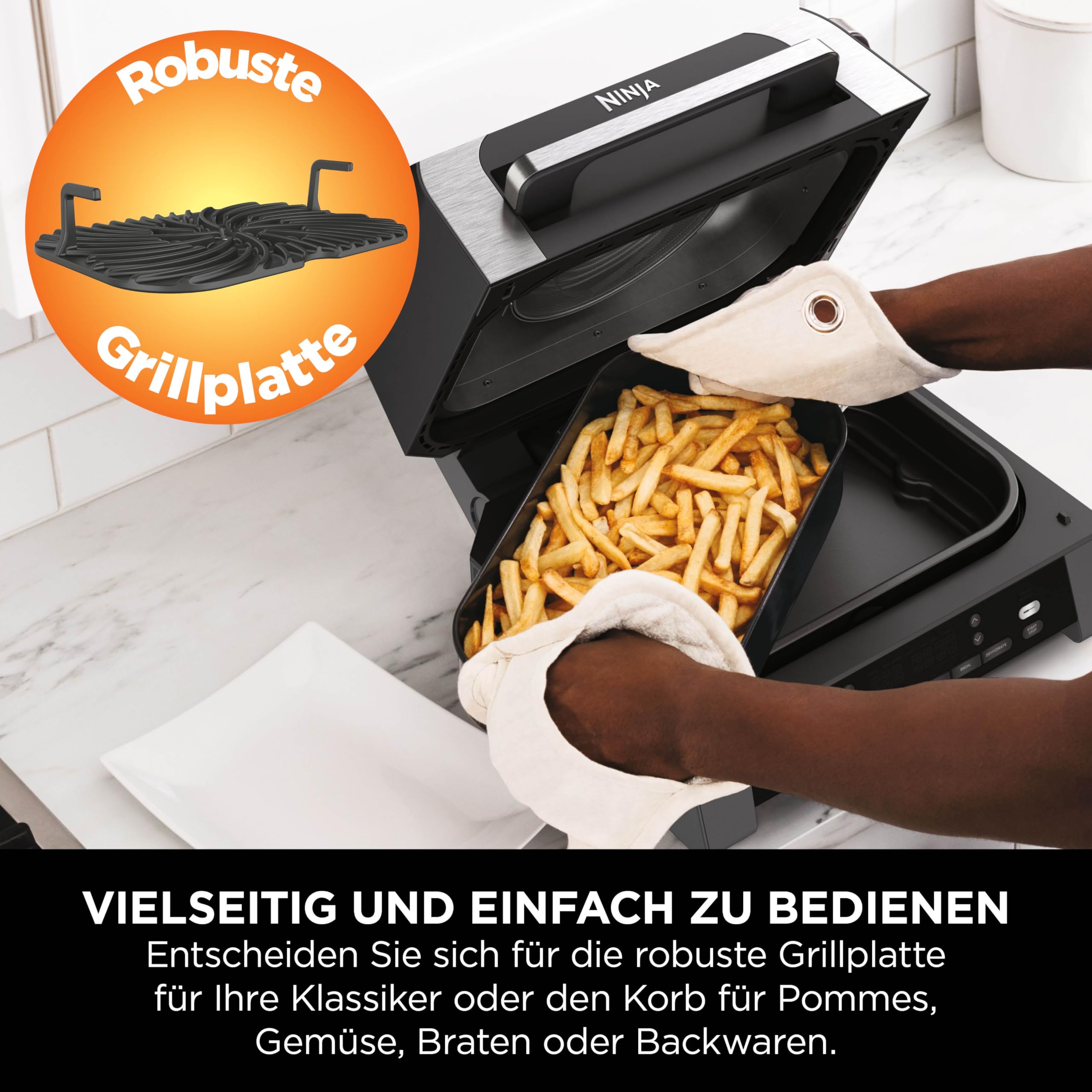 Ninja MAX 6-in-1-Grill & -Heißluftfritteuse für den Innenraum, 6 Kochfunktionen, für bis zu 6 Burger, 3,8-l-Fassungsvermögen, kaum Rauch, enthält digitales Bratthermometer, Grau/Silber, DG551EU