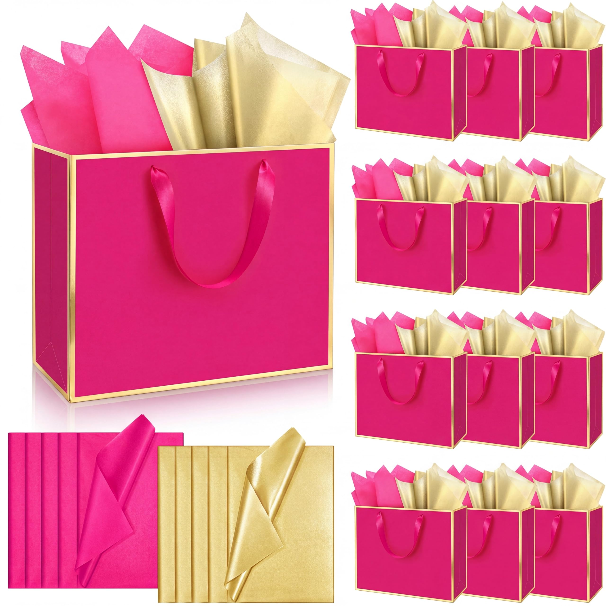 ReliThick 12 Pack Paper Gift Bag with Handles &amp; Tissue, Hot Pink, Gold
