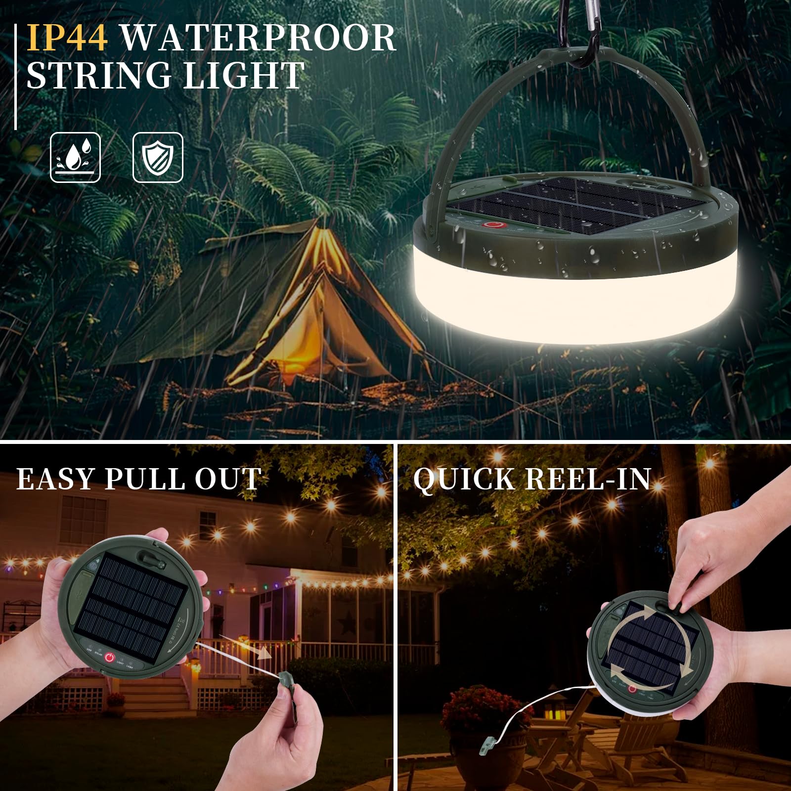 Solar Camping Lichterkette 150 LEDs, 33FT Outdoor Lichterkette mit 14 Beleuchtungsmodi & Timer, Wasserdicht & Wiederaufladbar, Campingausrüstung für Zelt, Hof, Garten, Wandern, Reisedekoration