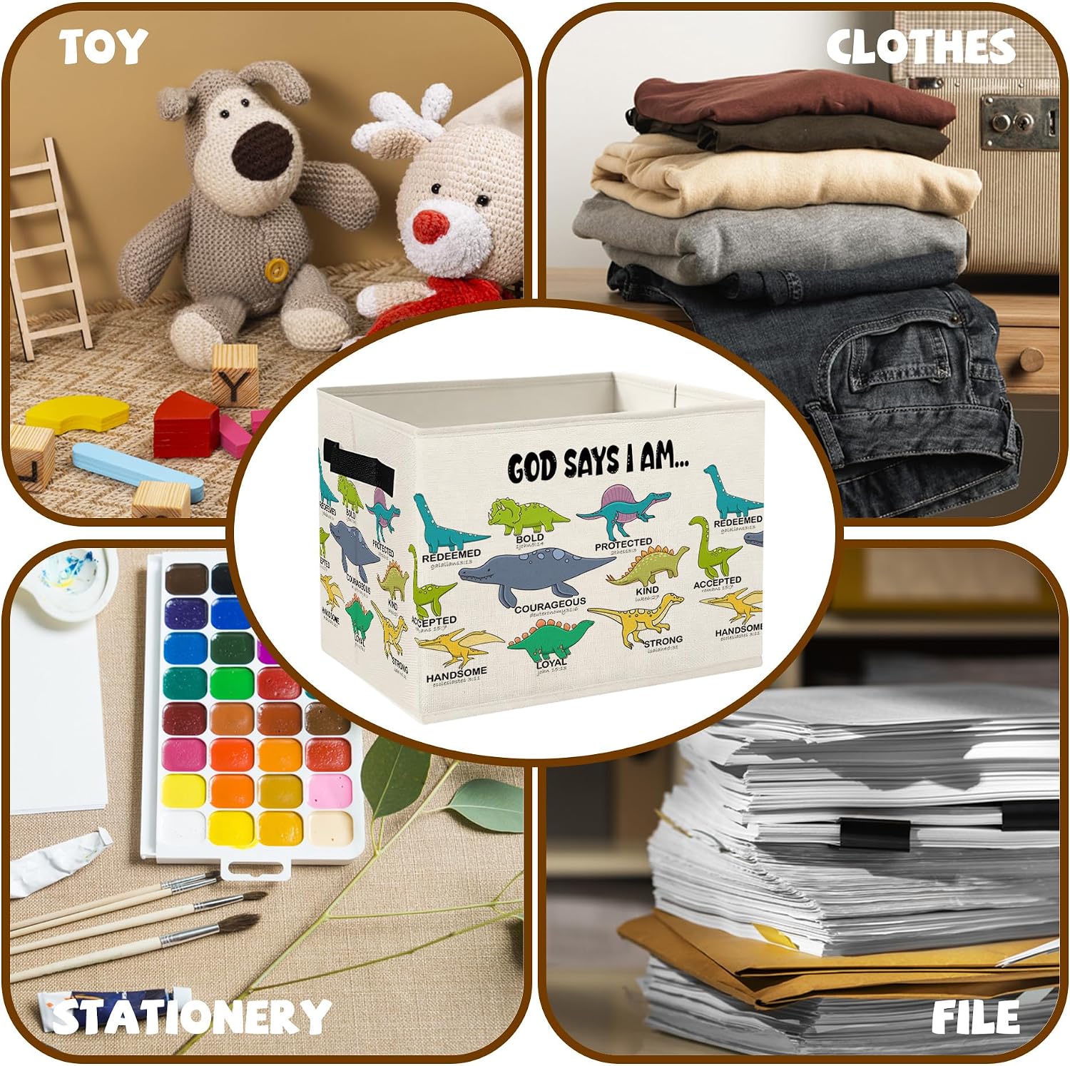 Christian Dinosaur Storage Bins Box with Handles, God Says I Am Dinosaur Bible Verse Foldable Collapsible Basket Organizer for Toys Books Clothes Kids Boys Nursery Room Bedroom Bathroom image 4