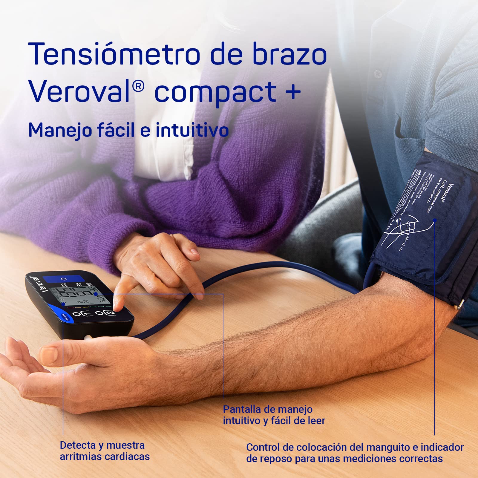 VEROVAL Compact +, Tensiómetro de Brazo Digital, Aparato para Medir la Tensión Arterial, Triple Medición Atutomática, Rápido y Preciso, Ergonómico, 200 Lecturas, Talla Universal (22-42cm)