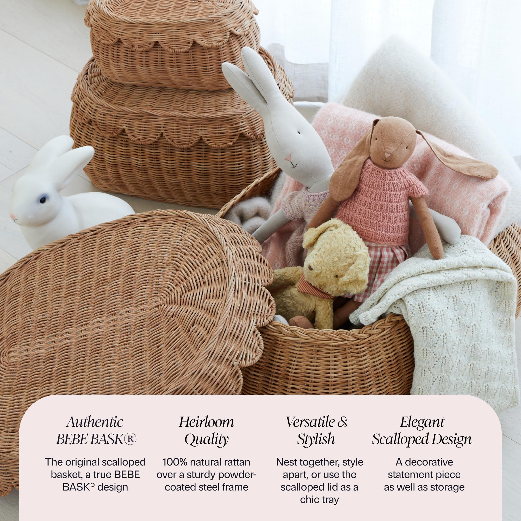 BEBE BASK Large Scalloped Basket Set Of 3 - Hand-Woven & Award-Winning Scallop Basket - XL - Extra Large for Blankets 22 x 16 x 10 In - Elegant Wicker With Scalloped Edge Lid (Mocca)