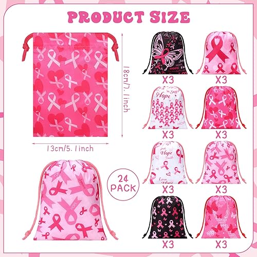 Miniatura 2 de Cunno 24 bolsas de regalo para concientización sobre el cáncer de mama, bolsa de lona pequeña de cinta rosa a granel, bolsa de lona pequeña para