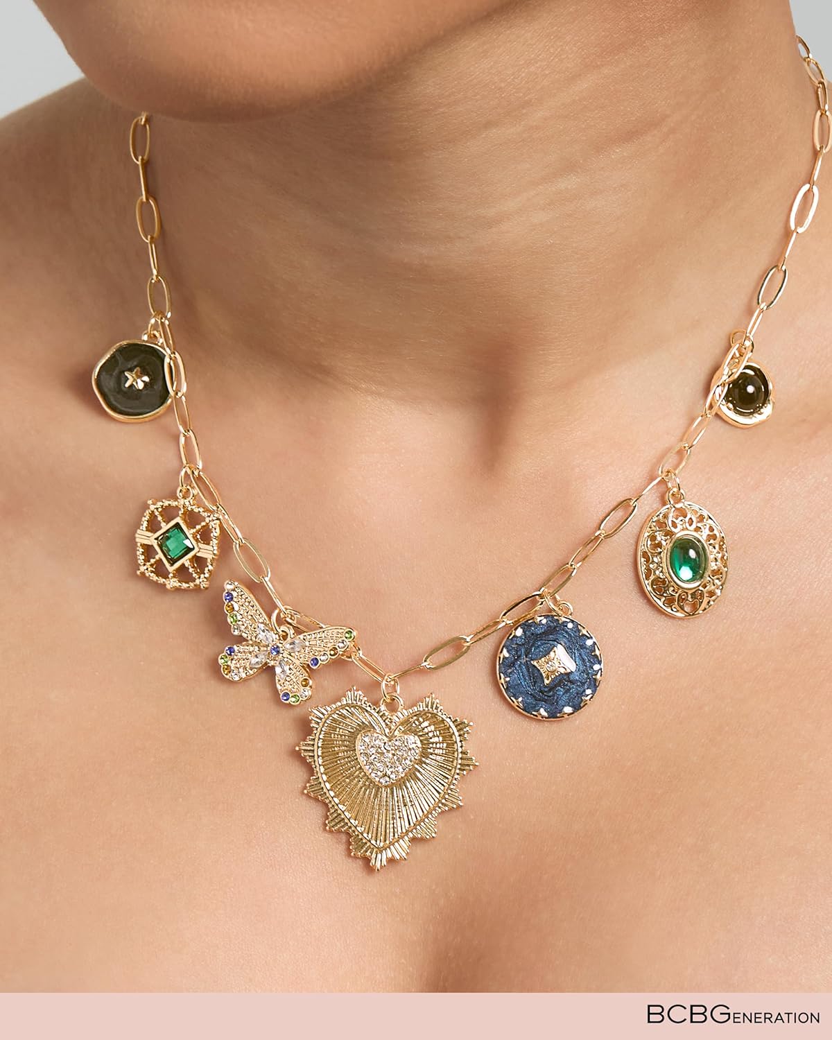 BCBGeneration Butterfly and Heart Charm Necklace for Women 17"+3", Gold-Tone with Charms & Crystals, Mother's Day Gifts