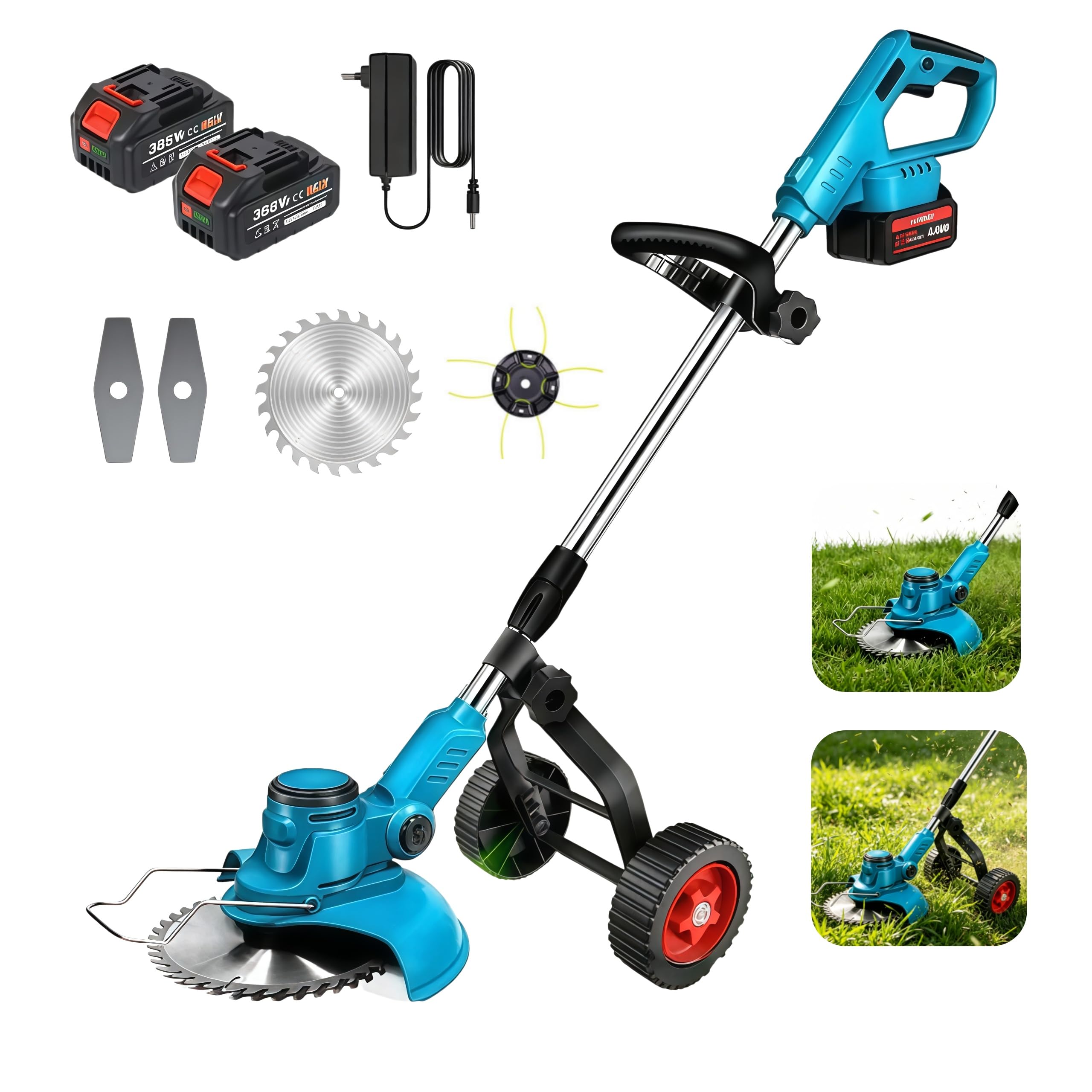 Desbrozadora Electrica 1000W,Desbrozadora Bateria con Baterías de 6000 mAh,Varilla y Cabezal Ajustables Rueda Auxiliar Desmontable, Ancho de Trabajo 23 cm, 3 Tipos de Cuchillas (Azul C)