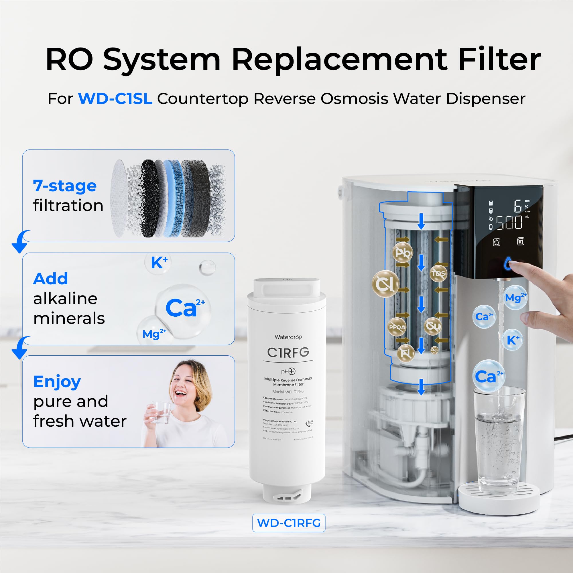 Waterdrop Filtro WD-C1RFG, ricambio per sistema WD-C1SL Countertop CoreRO, durata 12 mesi