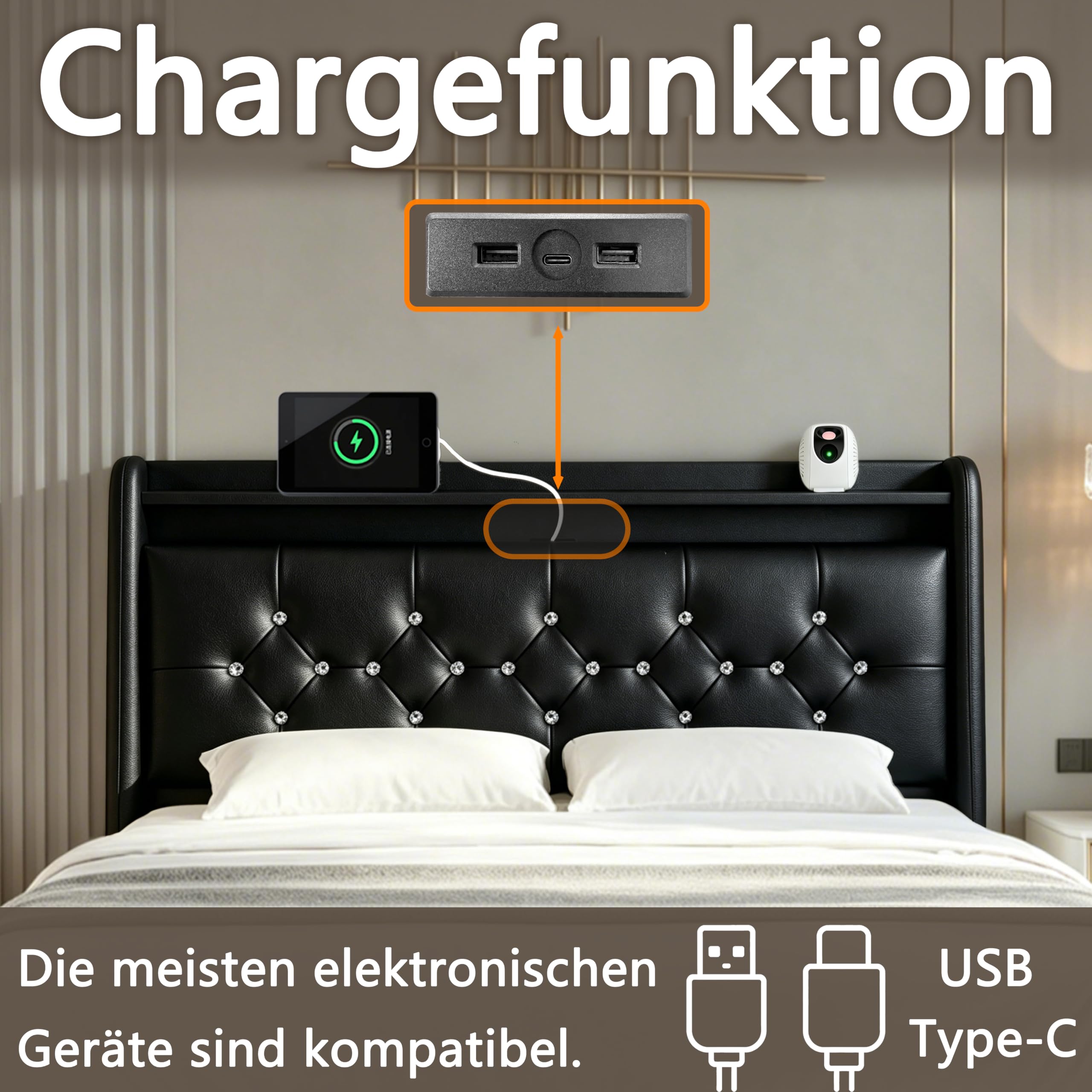 Schwarzer Bettrahmen mit Star-Projektor 160 x 200 cm, Leder | USB- & Type-C-Anschlüsse, gepolstertes Bett, Bluetooth-Star-Projektor, Lattenrost, Stauraum-Schubladen