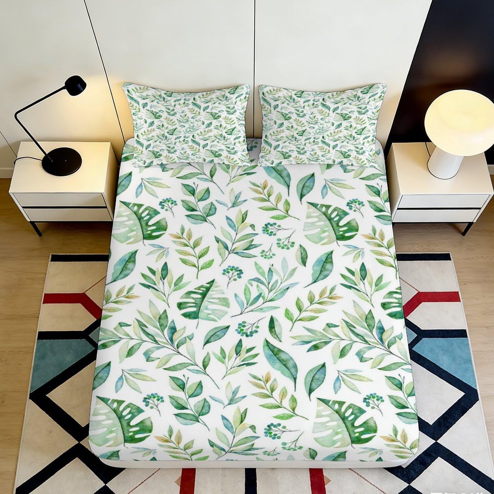 3D Printed Botanical Green Leaves Fitted Sheet Microfiber Soft Mattress Cover for Bedroom Guest Room Decor 200x200x25cm