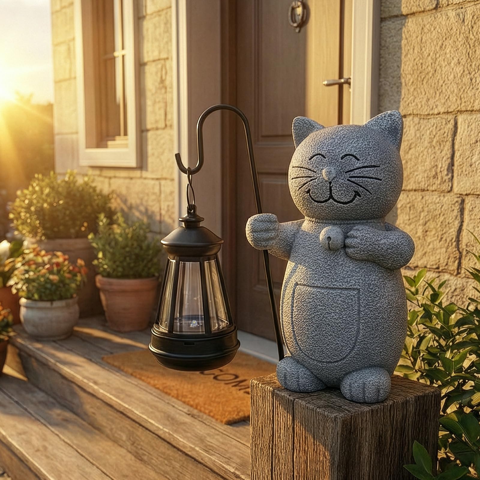 Figurina di Gatto per Esterni con Lanterna Solare, Impermeabile Figura Solare da Giardino per Decorazione Esterna, Balcone, Terrazzo, Regalo per Donne, Uomini, Mamma, Compleanno