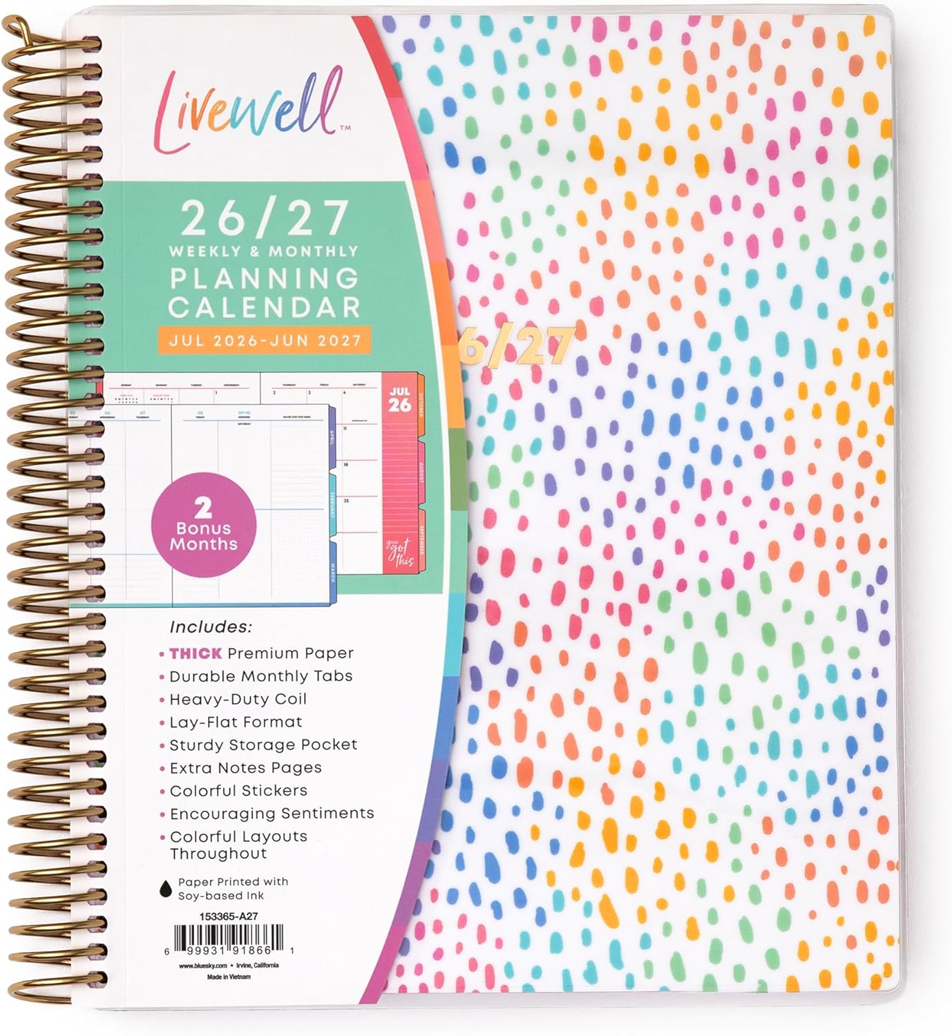 Blue Sky Livewell 2026-2027 Weekly and Monthly Academic Year Planner Calendar, July 2026 - June 2027, 7" x 9", Flexible Cover, Wirebound, Colorful Interior, Laminated Tabs, Storage Pocket, Includes Stickers, Rainbow
