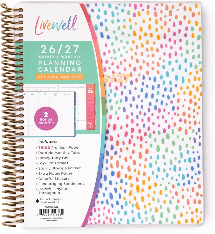 Blue Sky 2026-2027 Weekly & Monthly Academic Planner, 7"x9", Rainbow | July 2026 - June 2027, Glossy Laminated Cover, Coil Binding, Colorful Interior, Pocket, Stickers, Academic Year, LiveWell