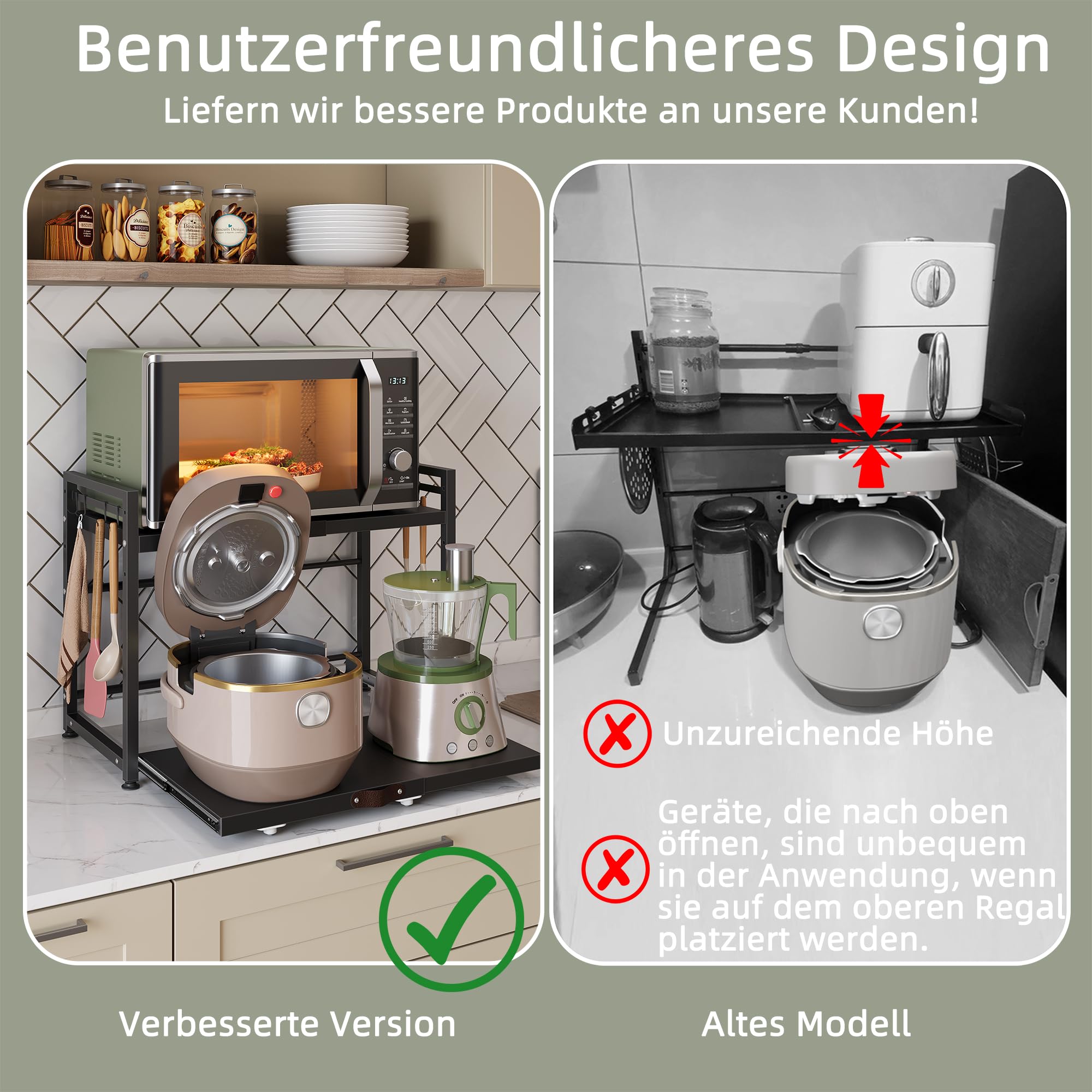 NETEL Erweiterbares Mikrowellen Regal mit schublade,2 stufig küchenregal | Regal küchen organizer für Backofen,kaffeemaschine&aufbewahrung,Robuster Kohlenstoffstahl,8 Haken,2 stufig,Schwarz