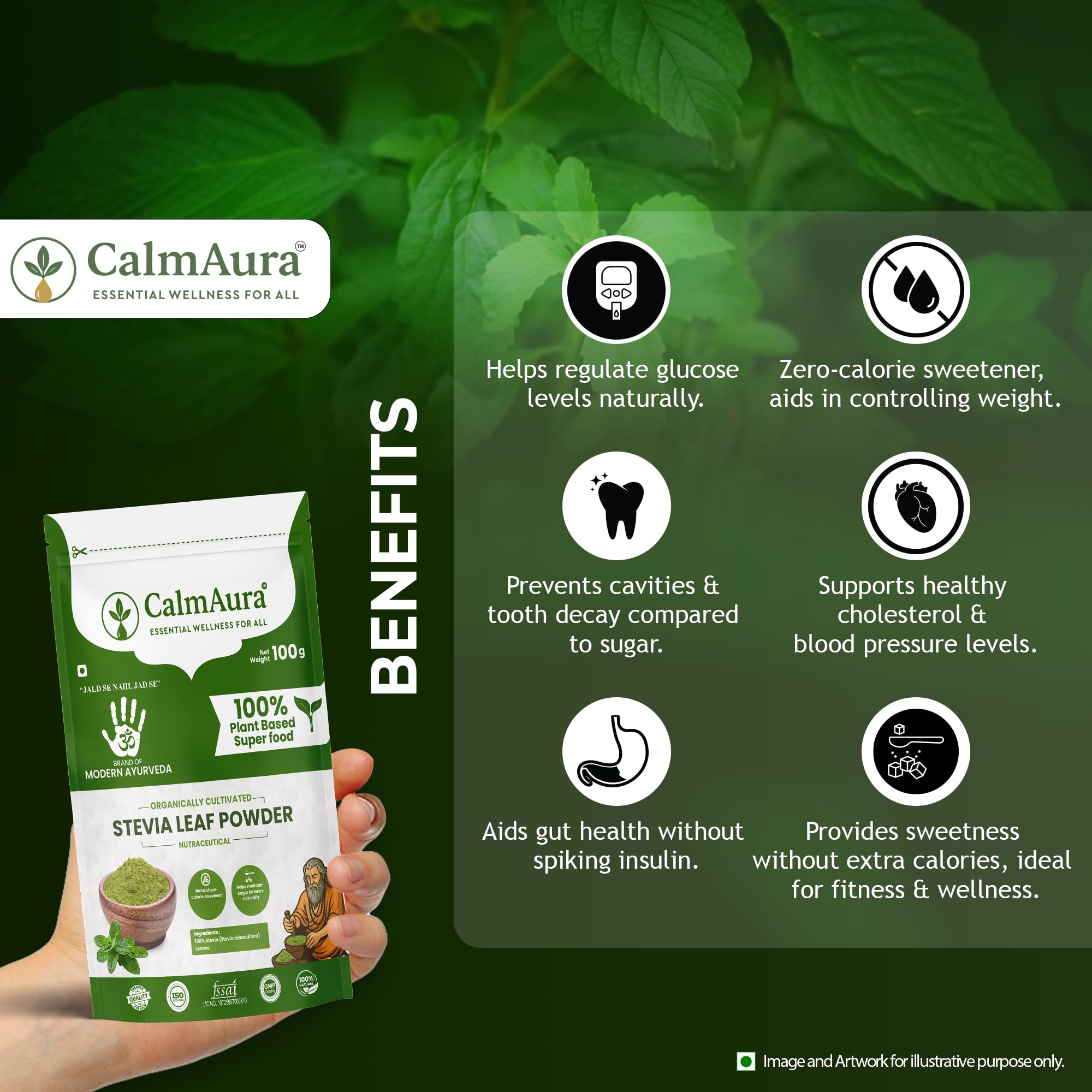 CalmAura Stevia Leaf Powder 100% Natural Zero Calorie Sweetener | Herbal Sugar Substitute for Diabetic & Weight Management | Plant Based Organic Stevia rebaudiana | Sugar Free Healthy Alternative — Amazon image 8
