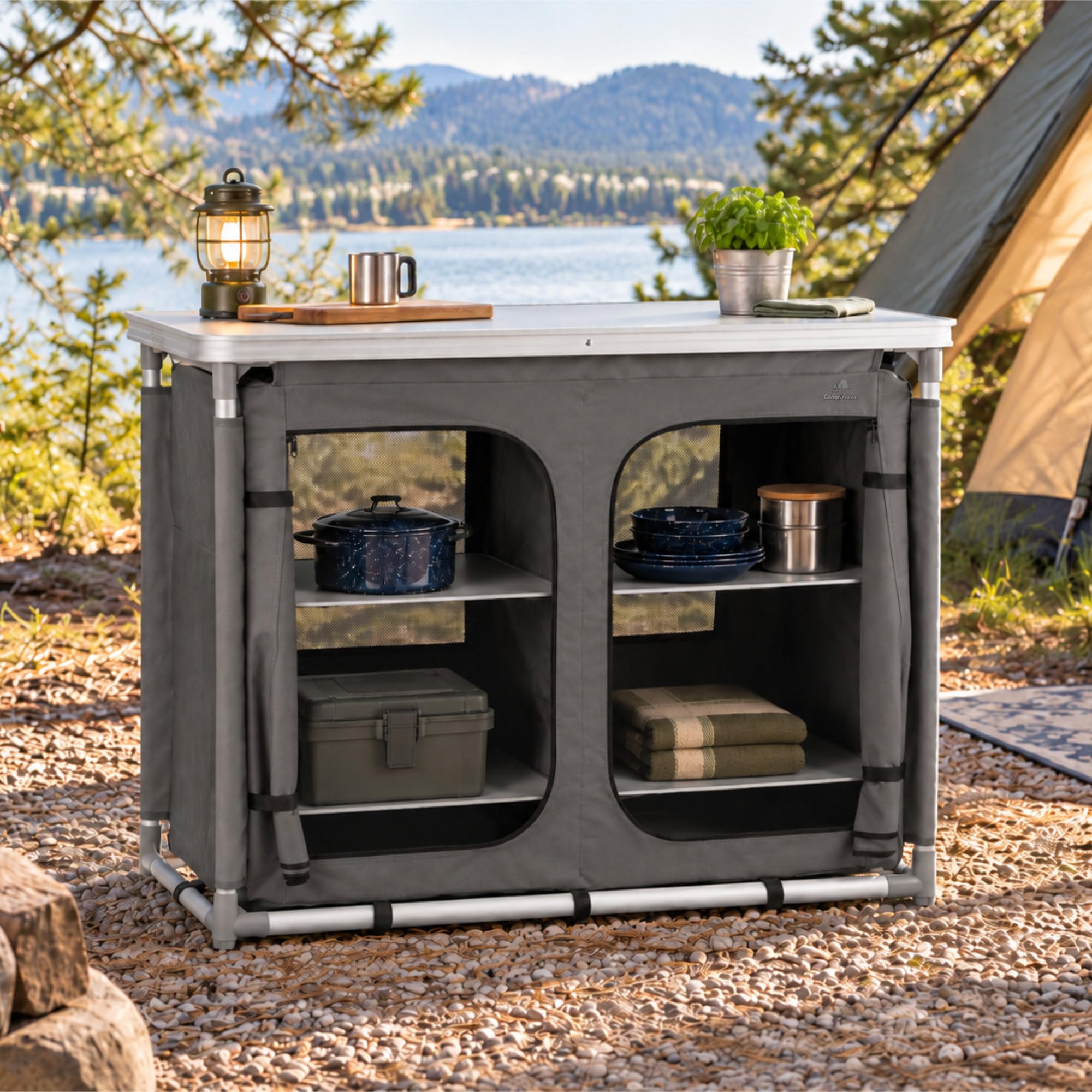 CampFeuer Campingschrank faltbar | 102 cm x 47 cm x 83,5 cm | Campingküche mit 2 Reißverschluss Öffnungen | Camping Regal mit Aluminiumgestell