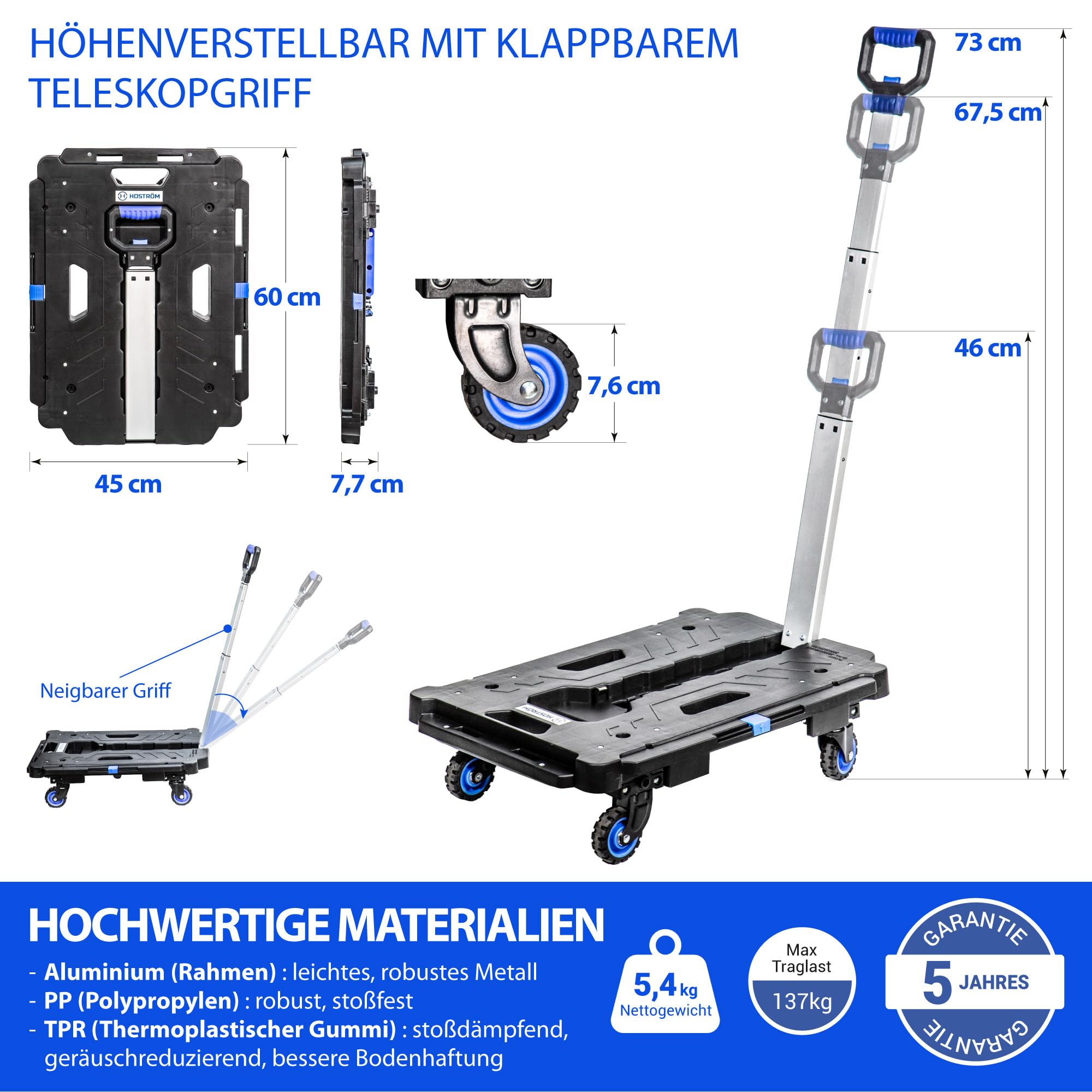 HOSTRÖM Transportwagen klappbar, Rollwagen/Plattformwagen für Umzug und Materialtransport, mit Teleskopgriff, bis 137 kg, 5 Jahre Garantie