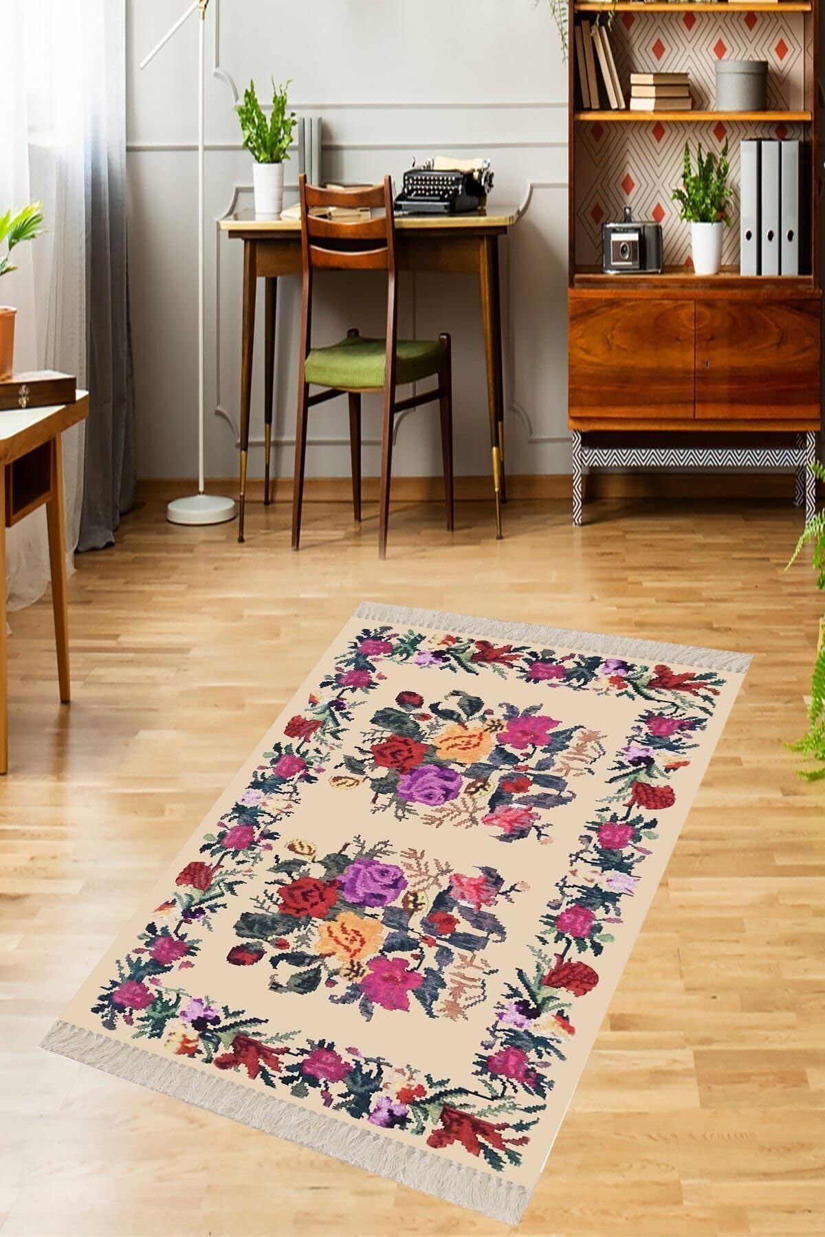 Pelangi Bej Desenli Kaymaz Tabanlı Halı, Bej 120 x 120
