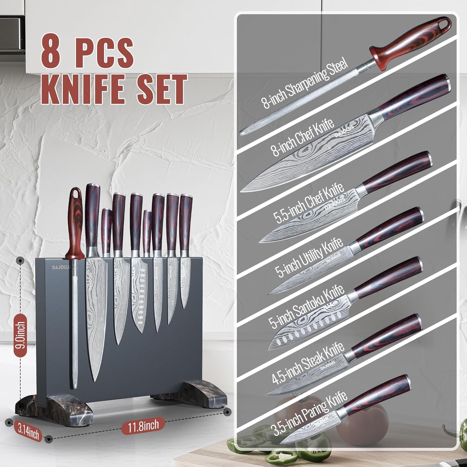 Black Knife Set With Block - 8 Pieces High Carbon Stainless Steel Magnetic Knife Set with Sharpener, Ultra Sharp Kitchen Knives Sets for Cooking with Ergonomic Handle