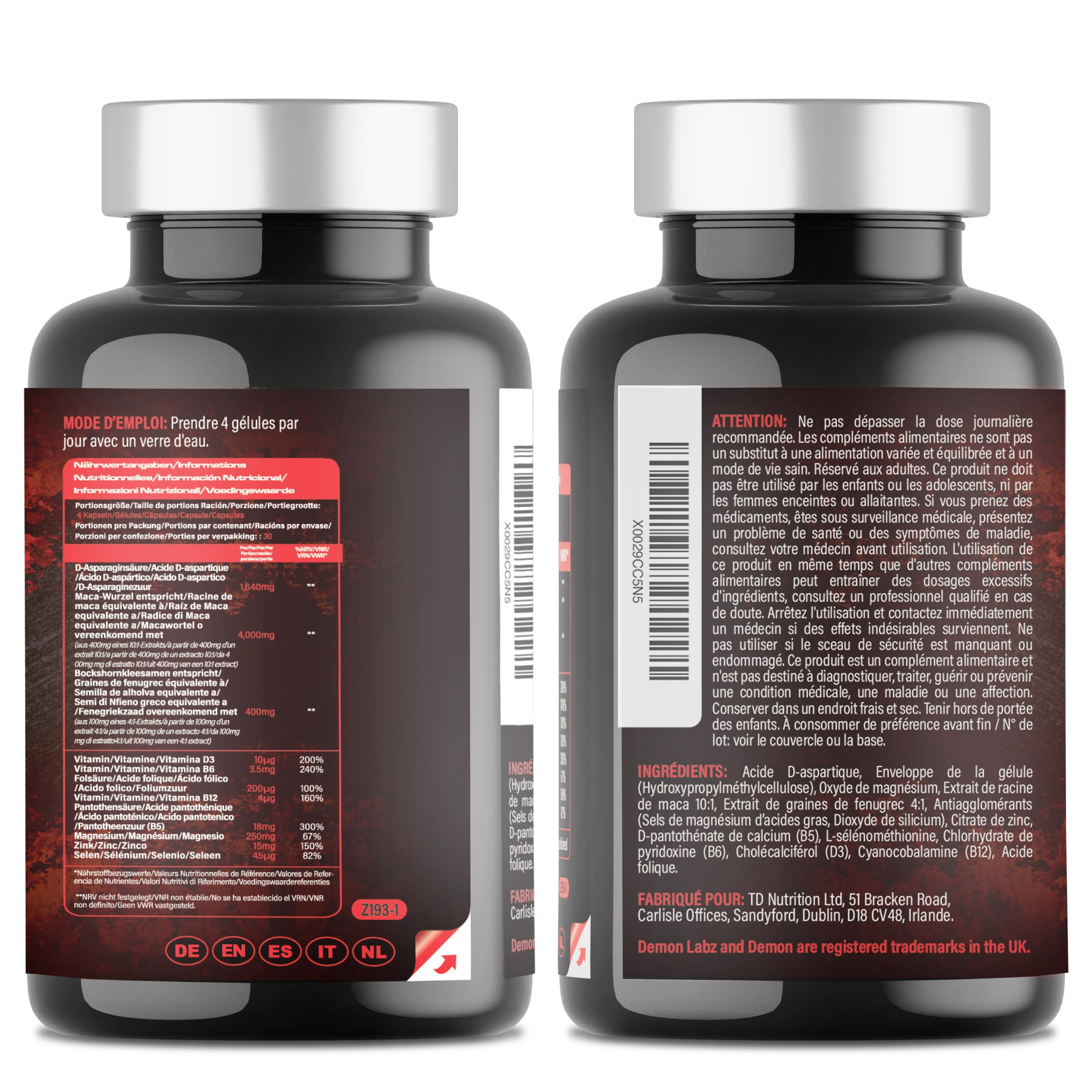 Testo Demon – Complexe Zinc & Acides Aminés pour hommes avec Maca, Vitamines B et Extraits Botaniques – 120 Gélules (30 Portions)